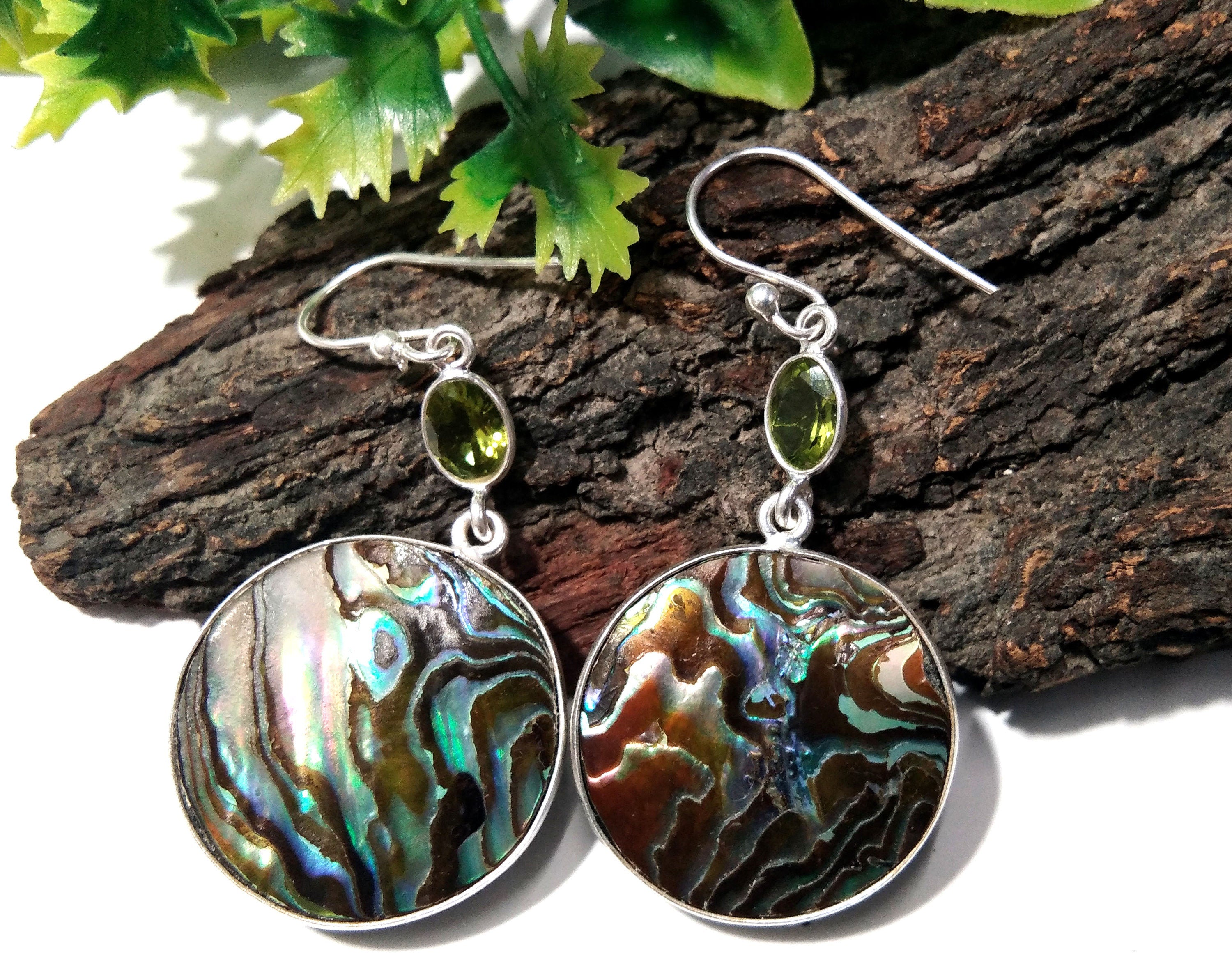 Natural Abalone Shell/Peridot Gemstone Earring, 925 Sterling Silver Earring Jewelry, Handmade Earring For Gift Birthday Girls/Women Jewelry