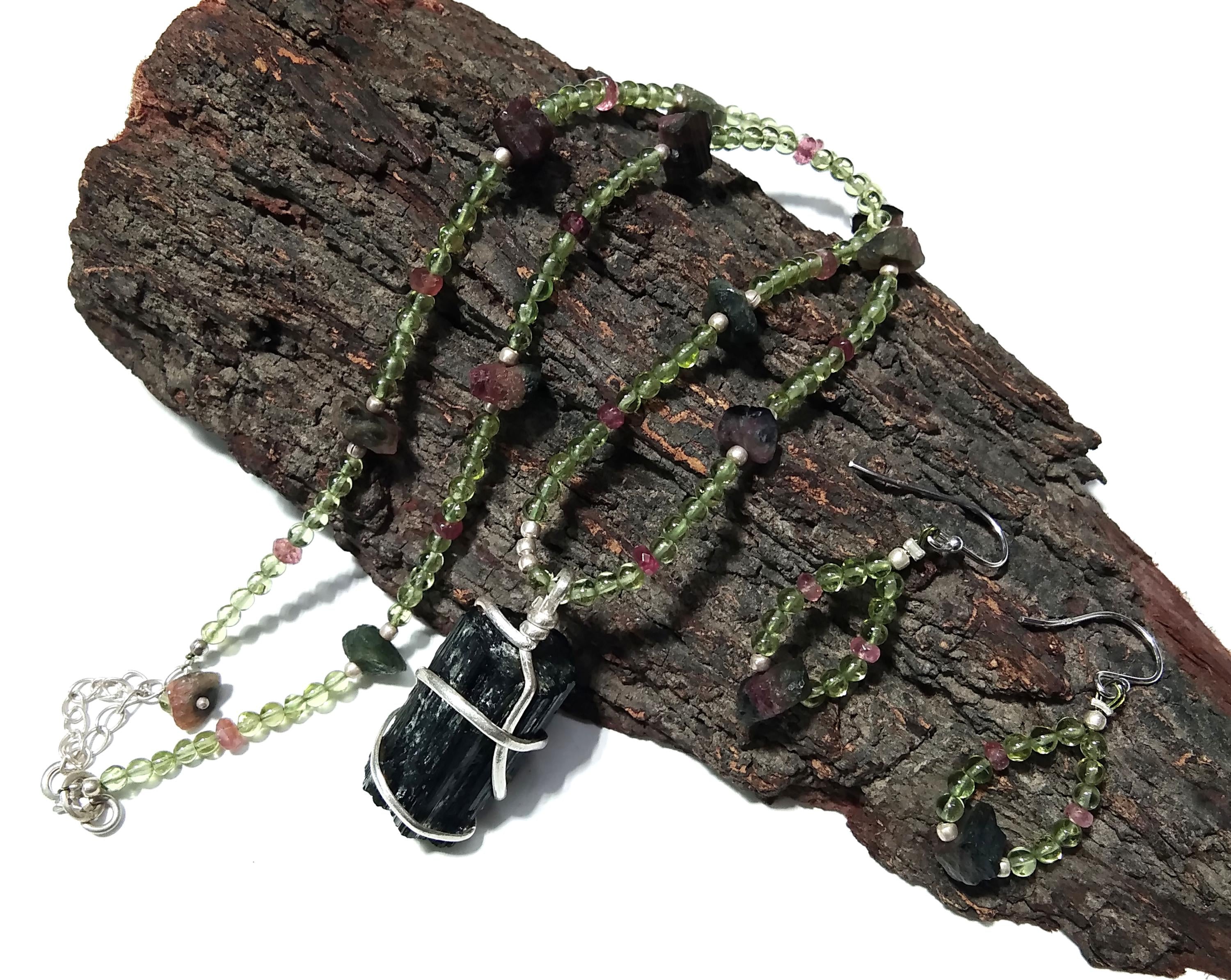 Natural Black Tourmaline/Peridot Gemstone Bead Necklace Jewelry Earring Set, 925 Sterling Silver Necklace Beaded Necklace Statement Jewelry