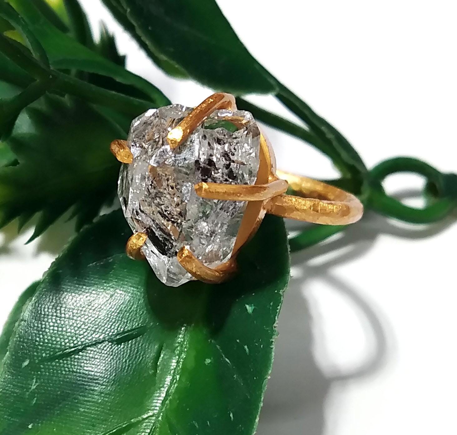 Herkimer Diamond Ring, Raw Herkimer Diamond Ring, 925 Sterling Silver Gold Plated Ring, Nice Design Good Making Gift Ring, For Men & Women.