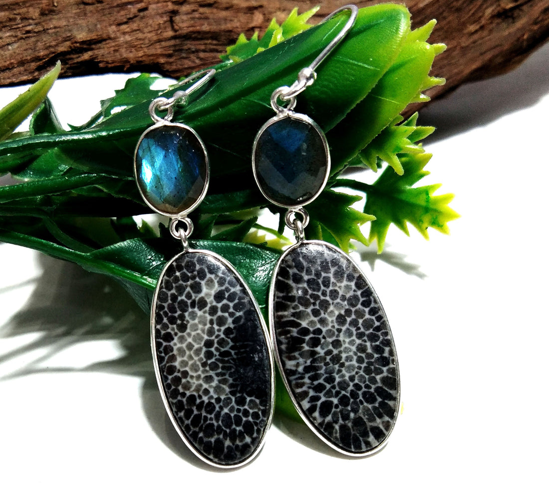 Fossil Coral & Labradorite Earring, 925 Sterling Silver Jewelry, Natural Gemstone Earring, Handmade Earring, For Gift Christmas
