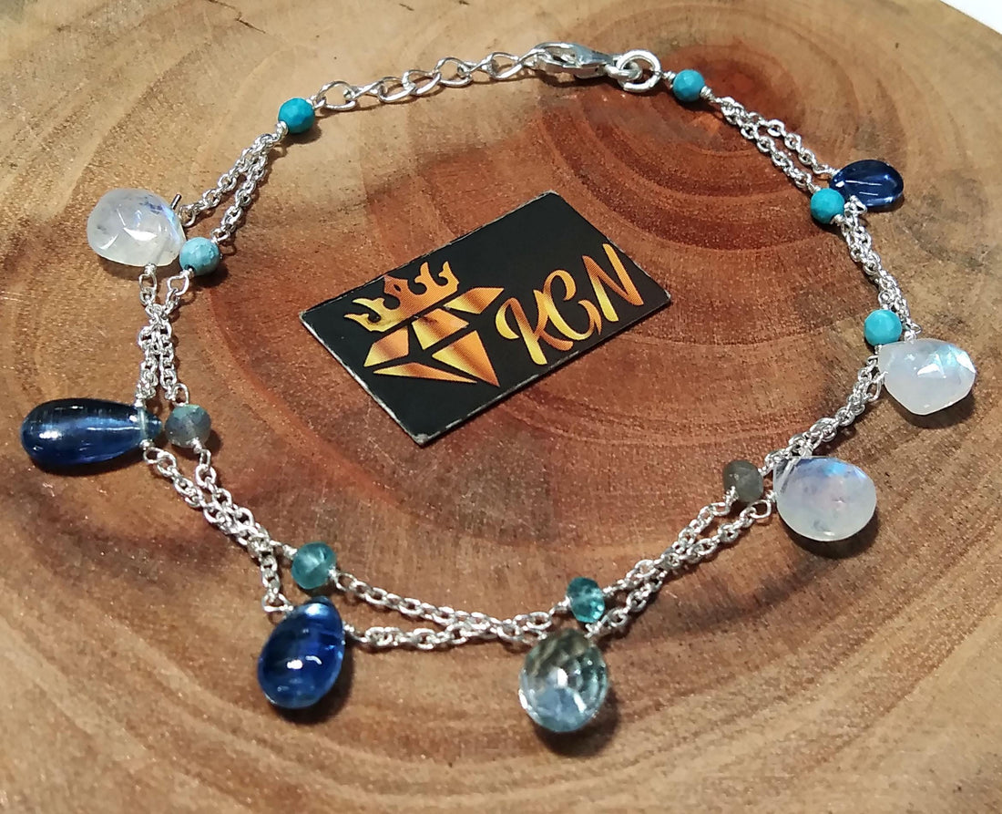 Blue Kyanite/Moonstone Bracelet, 925 Solid Sterling Silver Bracelet, Natural Rainbow Moonstone Adjustable Bracelet, 8 inches Gift Bracelet