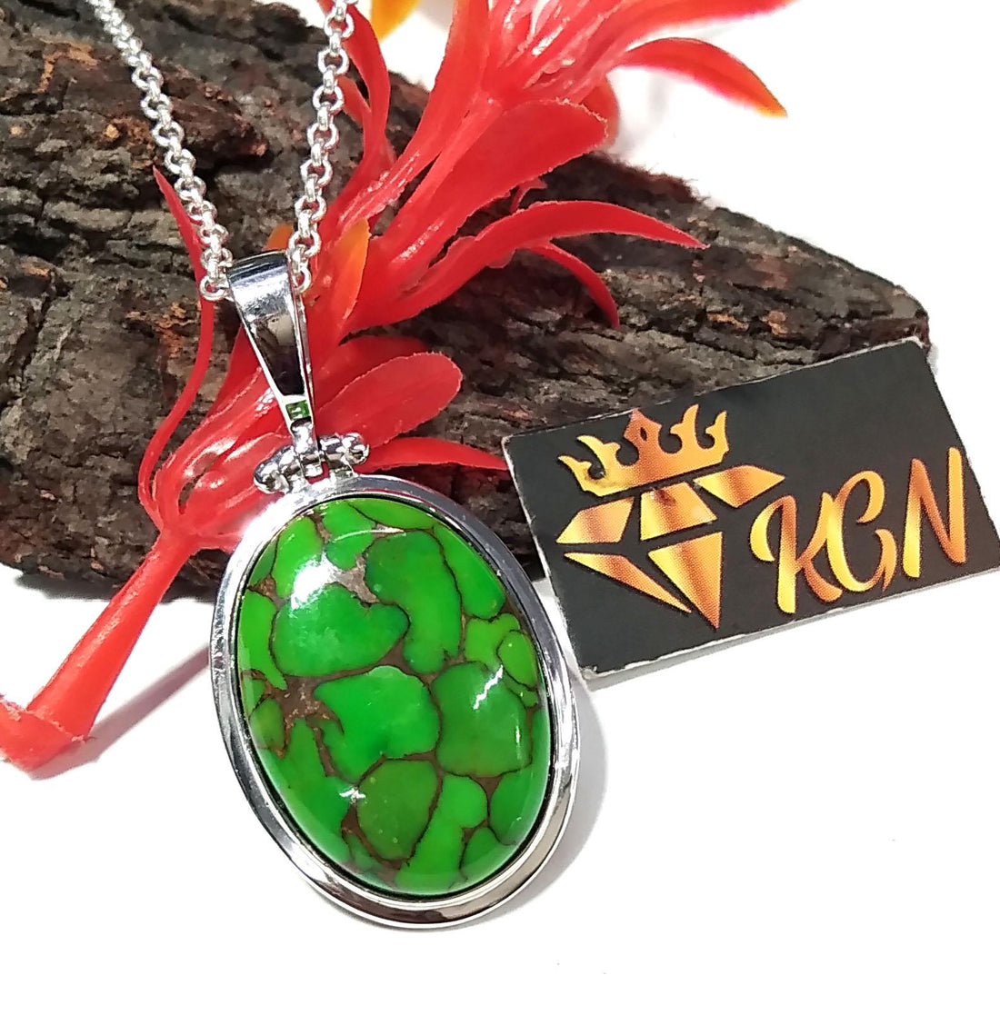 Natural Green Copper Turquoise Pendant Chain Necklace, 925 Starling Silver Pendant, Nice Green Color Pendant, Gift Wedding Pendant Jewelry