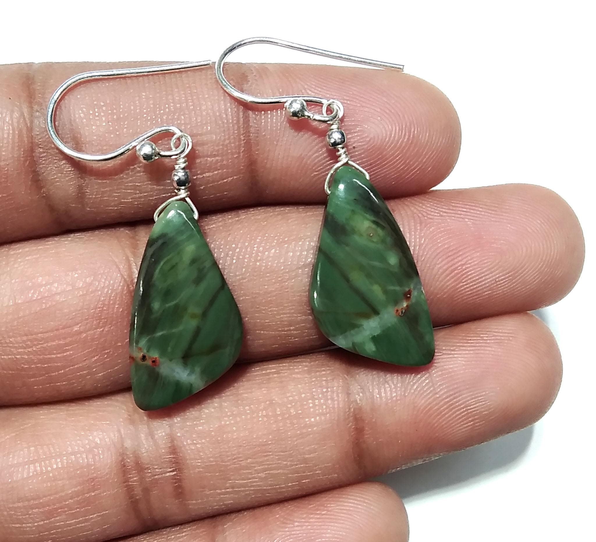 Green Zebra Jasper Gemstone Earring, Solid 925 Starling Silver Earring, Natural Zebra Jasper Stone Size 22x12mm Gift For Girls & Women