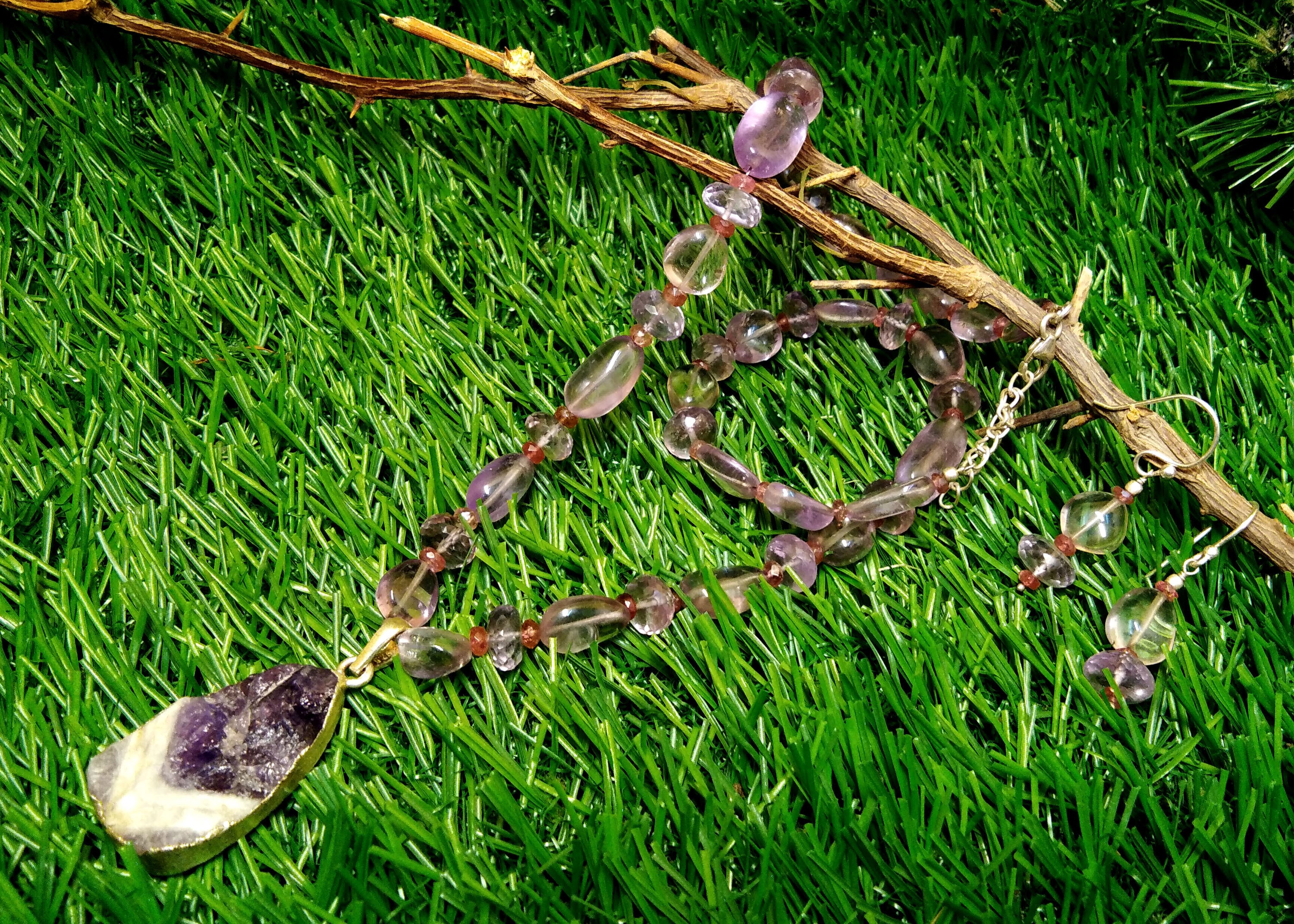 Natural Amethyst Druzy/Tumble/Pink Tourmaline Gemstone Beads Necklace Set Jewelry, 925 Silver Necklace Beaded Necklace Statement Jewelry