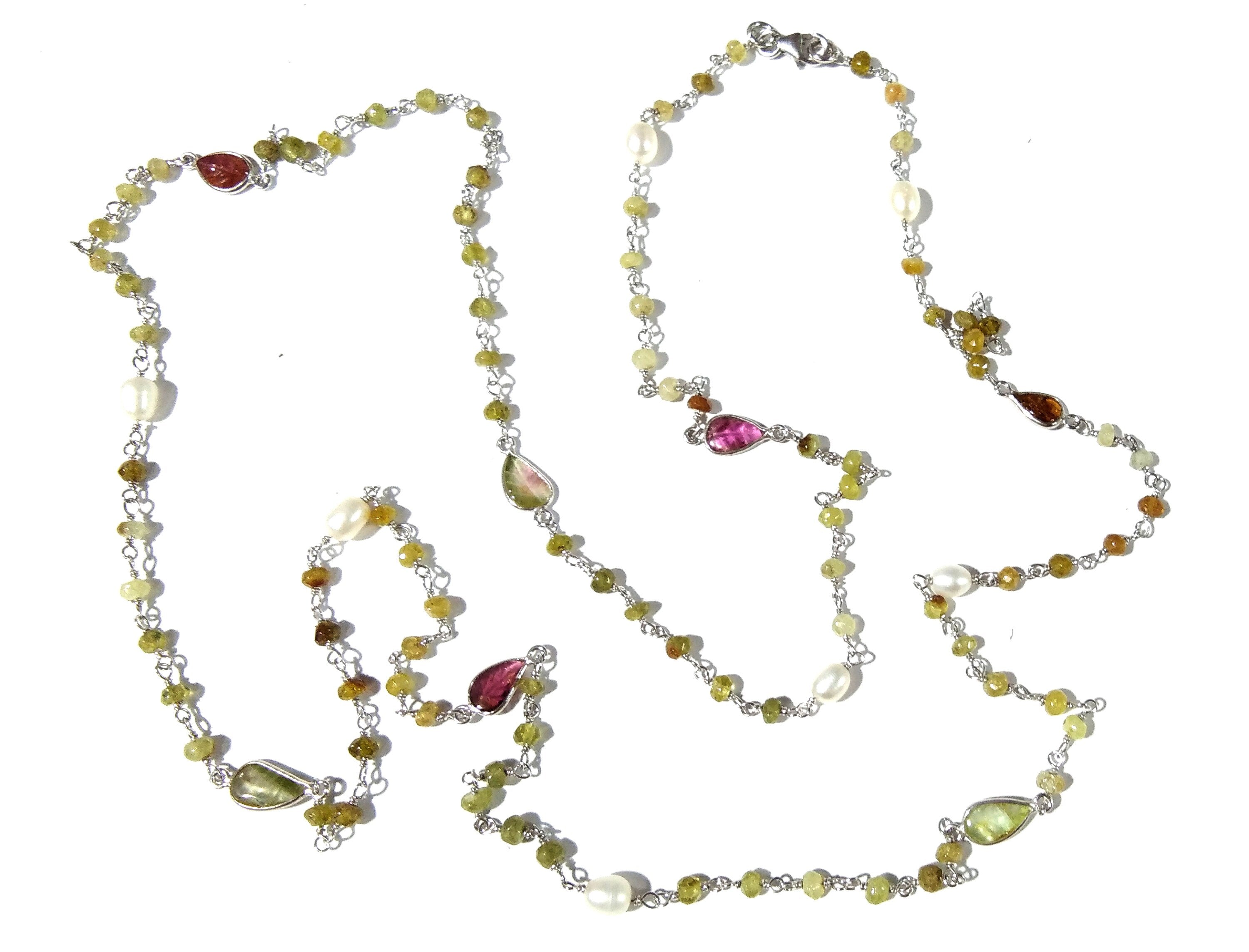 36'' Log Necklace ! Vessonite Necklace With Tourmaline & Pearl, 925 Sterling Silver Jewelry, Handmade Beaded Necklace, Gemstone Necklace.