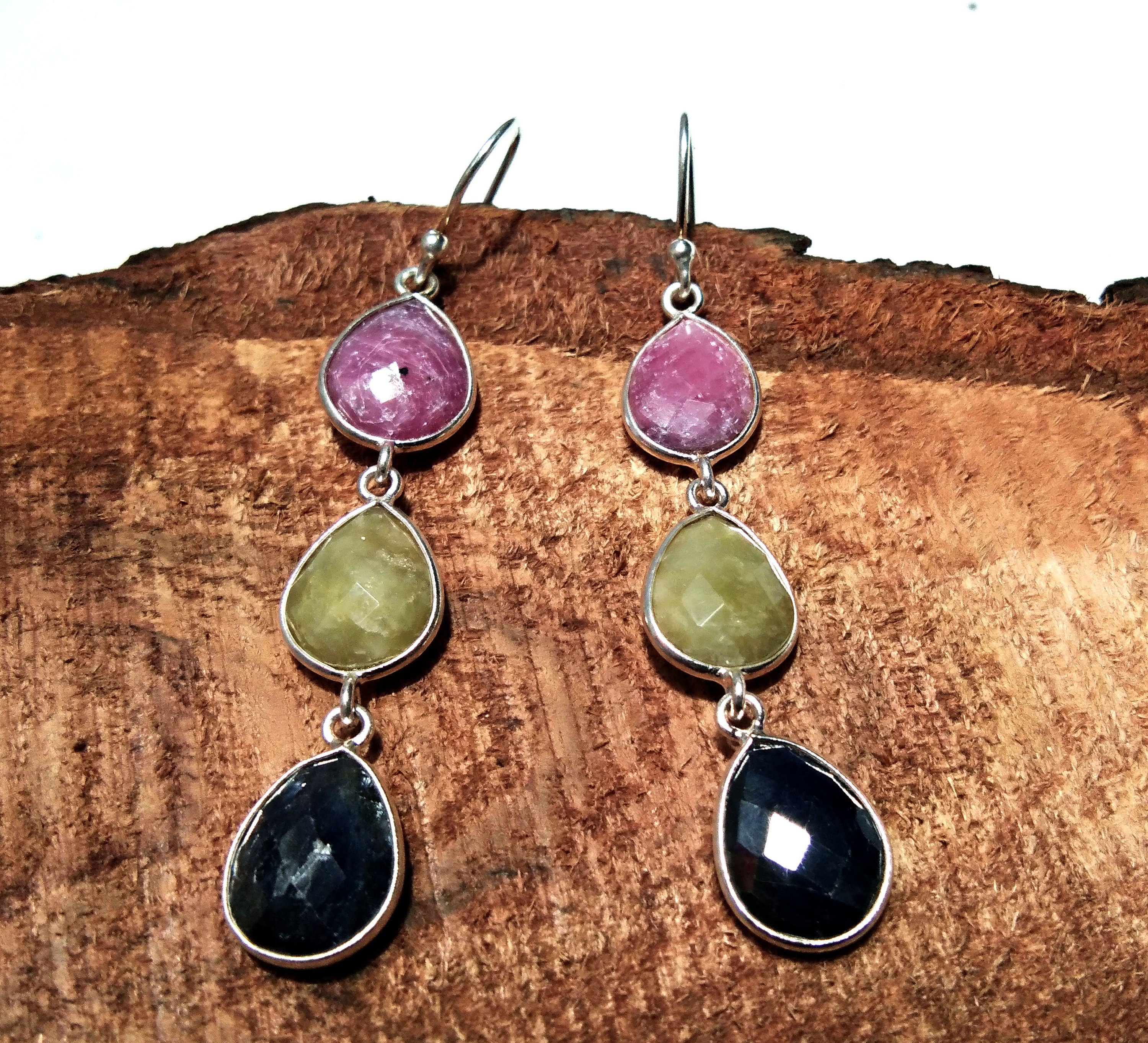 Natural Multi Sapphire Earrings Gemstone, 925 Solid Starling Silver Earring, Pear Shape Stone Size 11x9 mm For Gift Wedding Earring Birthday