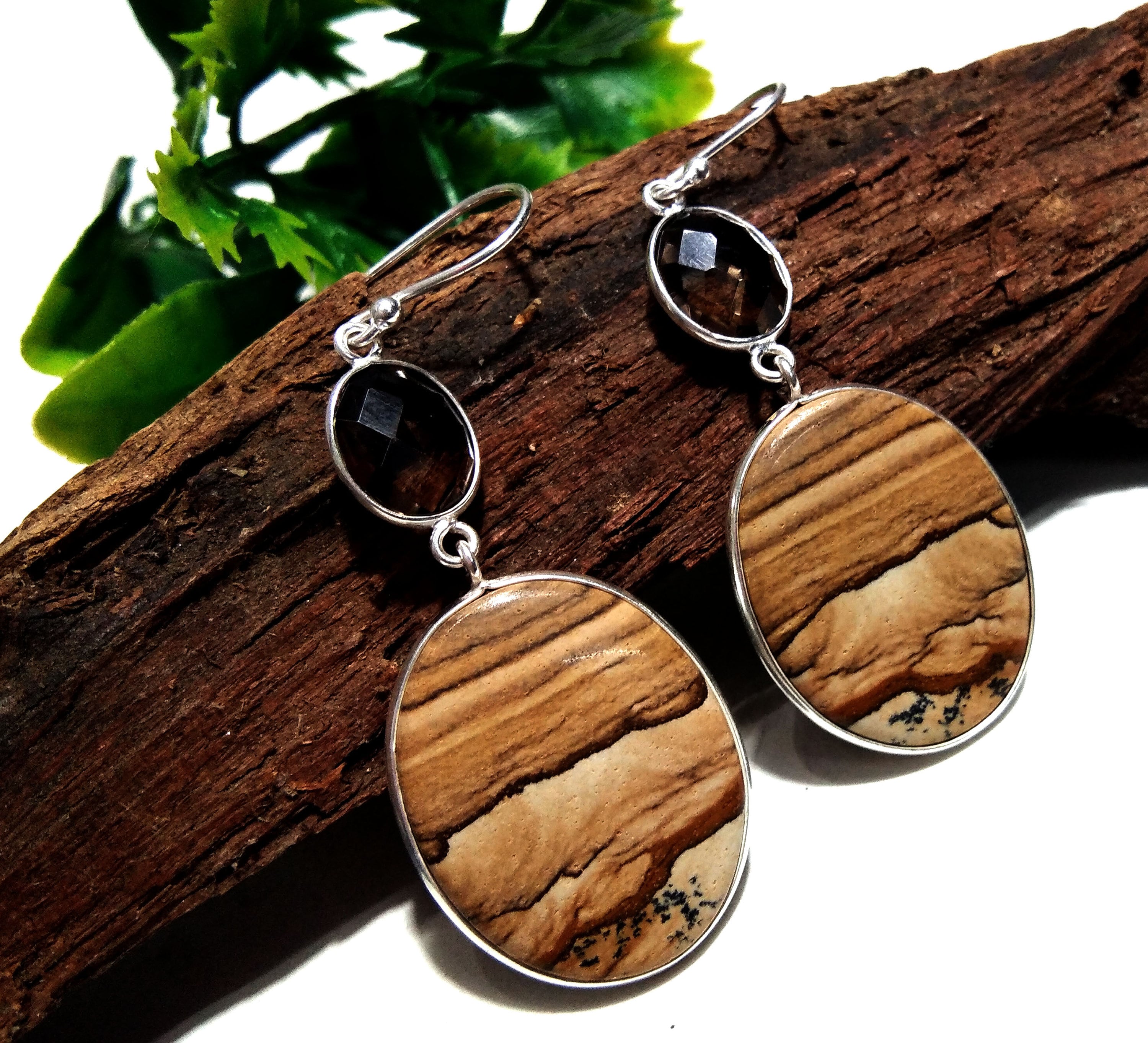 Natural Picture Jasper Earring Gemstone, 925 Solid Starling Silver Earring Jewelry Oval Shape Stone Size 24x19 mm Jasper For Gift Earring