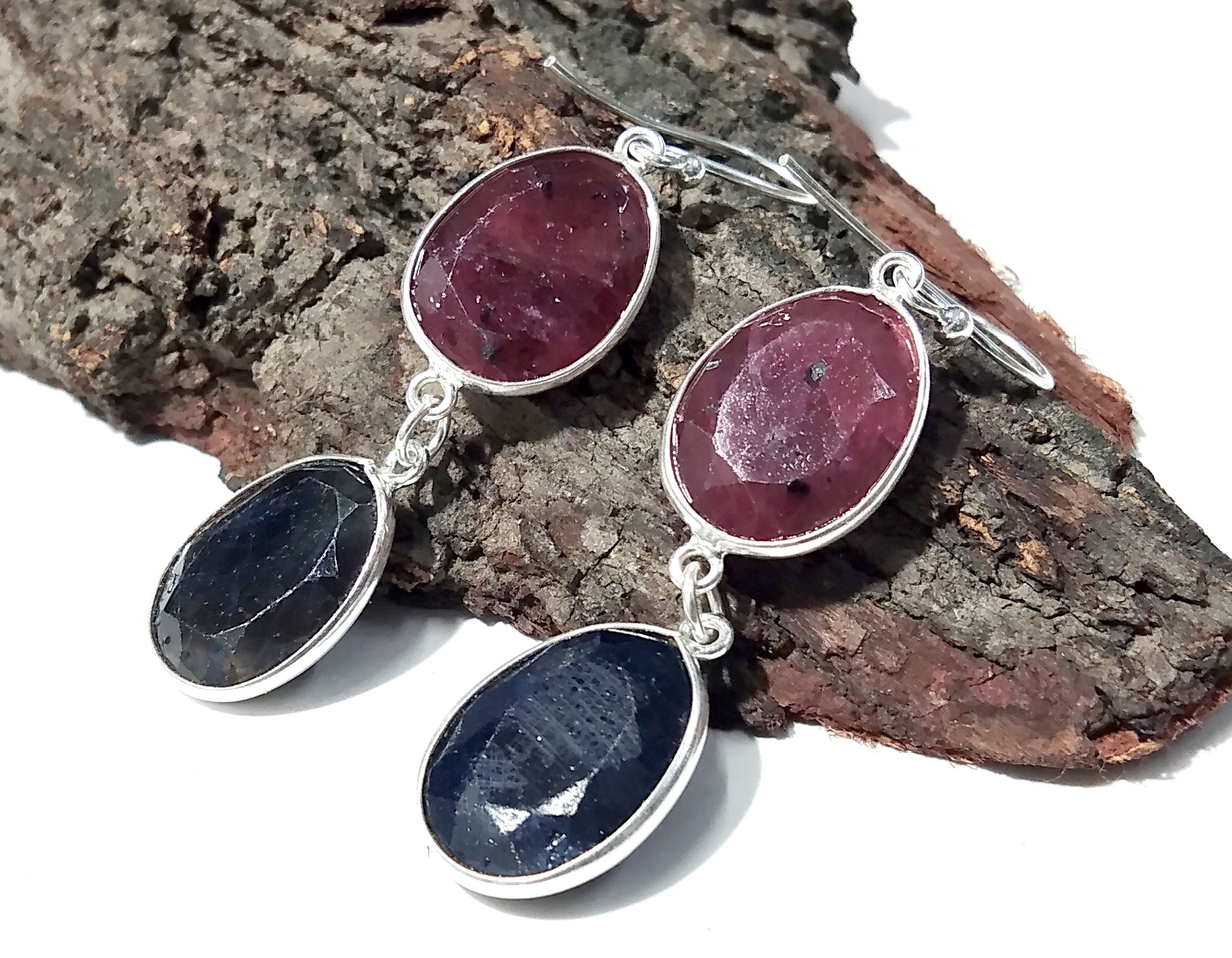 Natural Red Ruby/Blue Sapphire Gemstone Earring, 925 Solid Starling Silver Earring Gemstone, Gift For Wedding Earring, Birthstone Earring