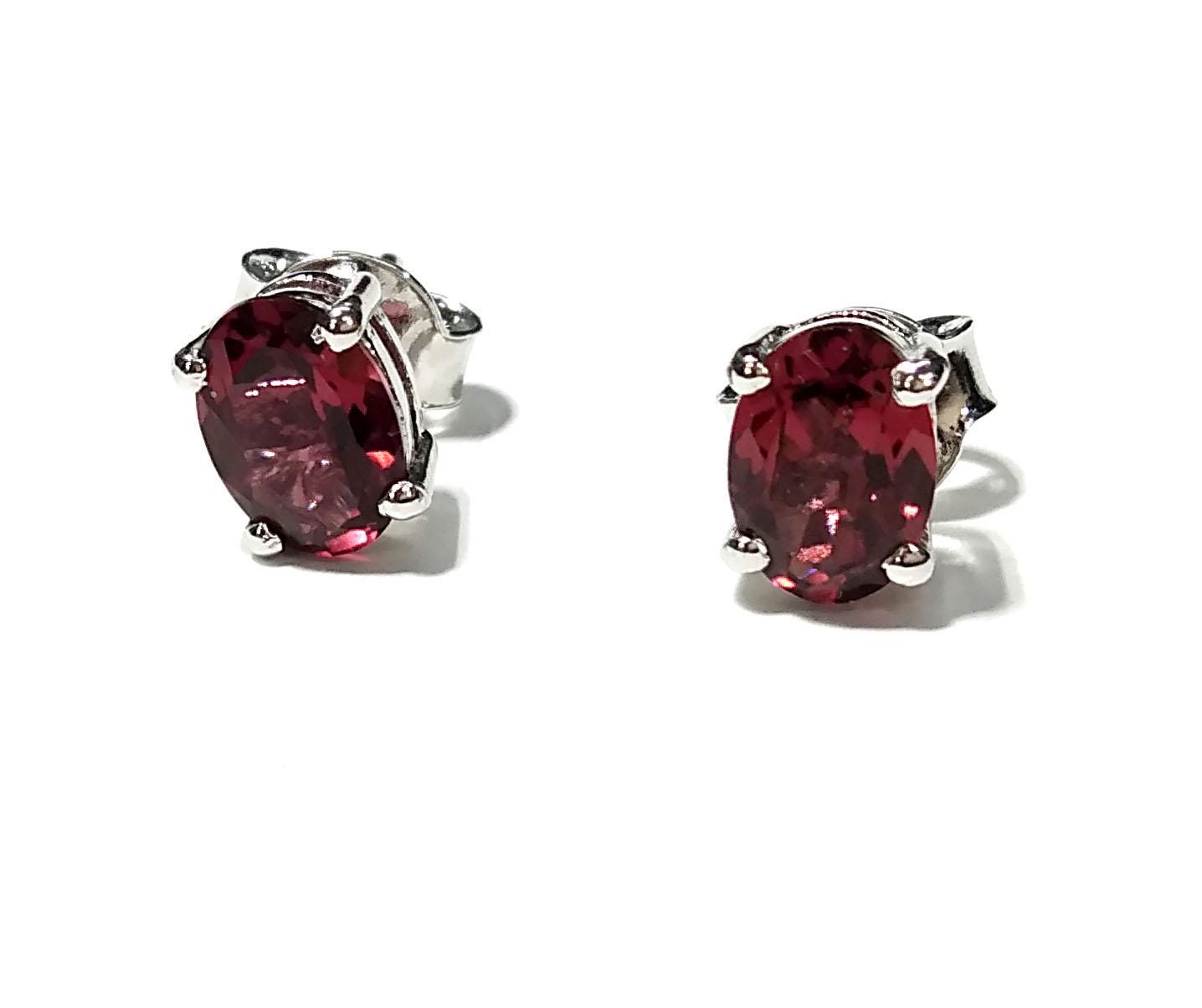 Natural Garnet Stud Earrings, 925 Starling Silver Earring Jewelry, Red Garnet Gemstone Oval Shape Stone Size 7x5 mm Christmas Gift For Her
