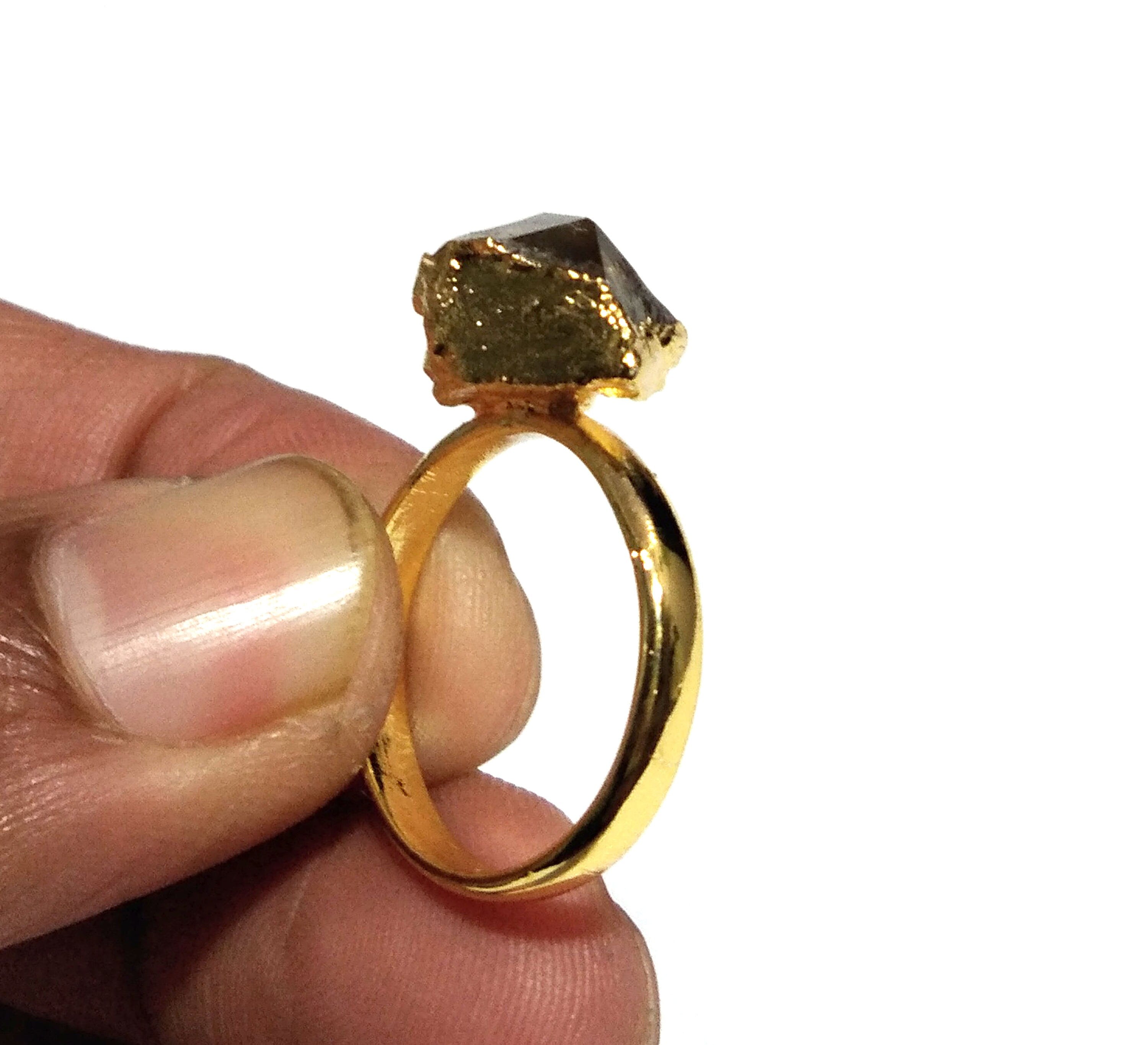 Herkimer Diamond Ring, Raw Herkimer Diamond Ring, 925 Sterling Silver Gold Plated Ring, Diamond Stone Size 15x10 mm Handmade Gift For Ring