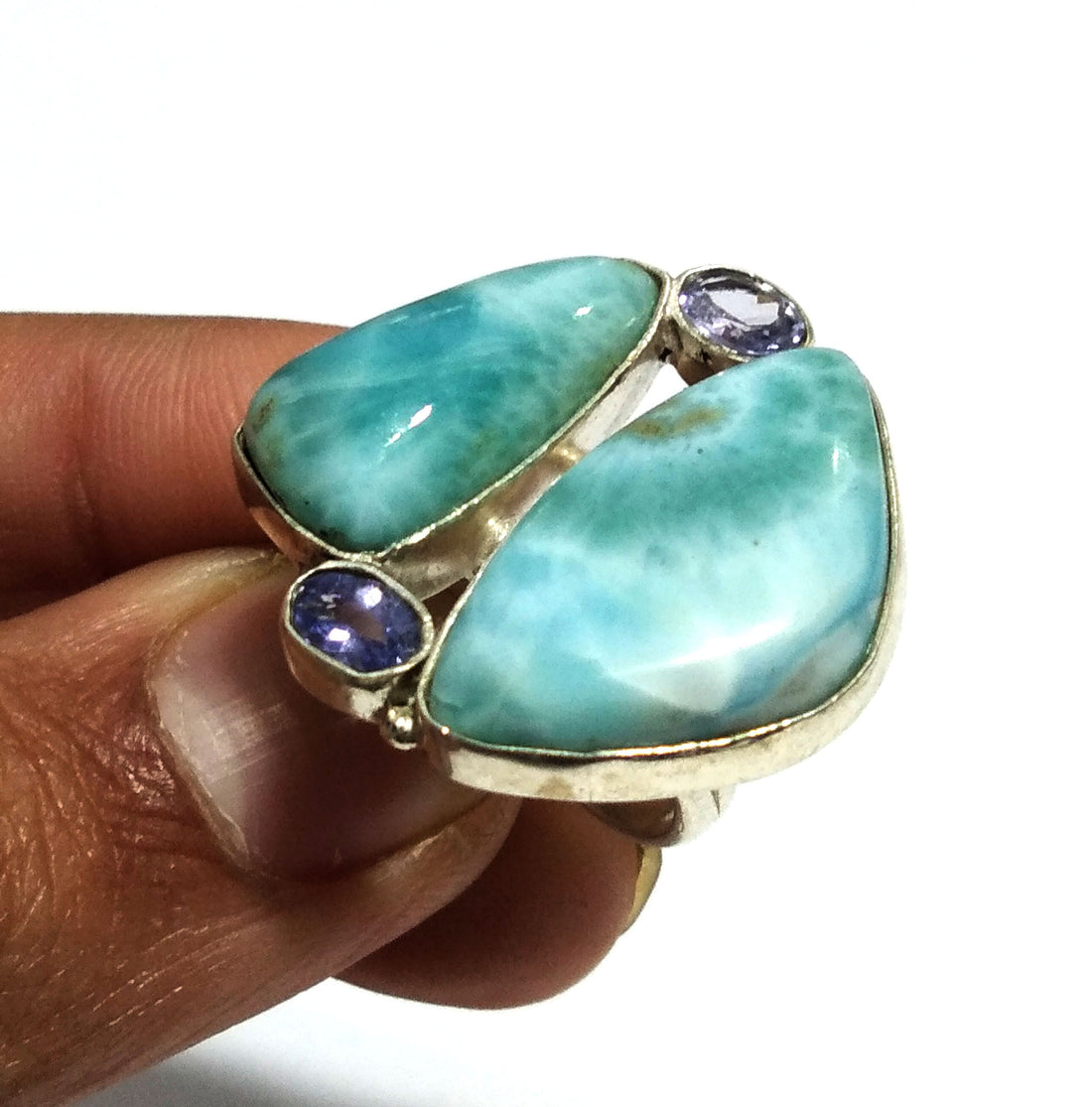 Natural Larimar, Tanzanite Gemstone Ring, 925 Solid Sterling Silver Ring, Stone Size 23x14mm to 19x9mm Handmade Ring, Gift Birthday Ring