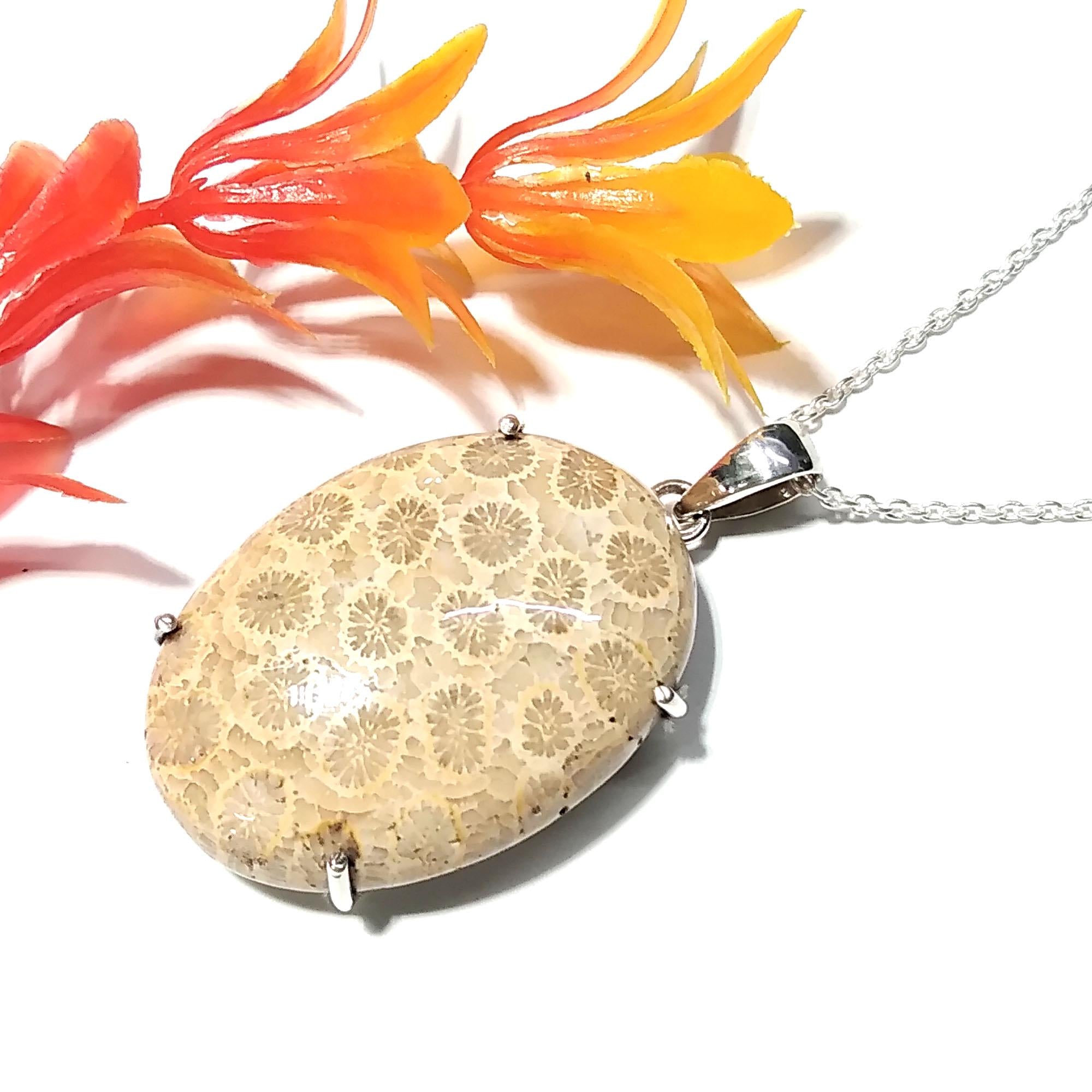 Natural Fossil Coral Gemstone Pendant, 925 Starling Silver Pendant Chain Necklace, Handmade Stone Size 32x23 mm Gift Birthstone Pendant