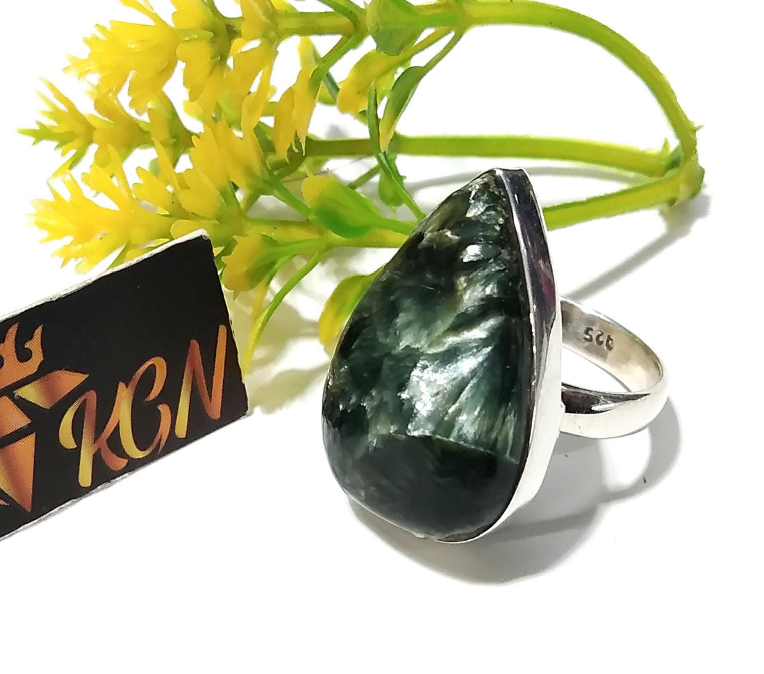 Natural Green Seraphinite Gemstone Ring, 925 Starling Silver Ring, A+++ Seraphinite Stone Size 26x16 mm Silver Handmade Ring, Gift Birthday