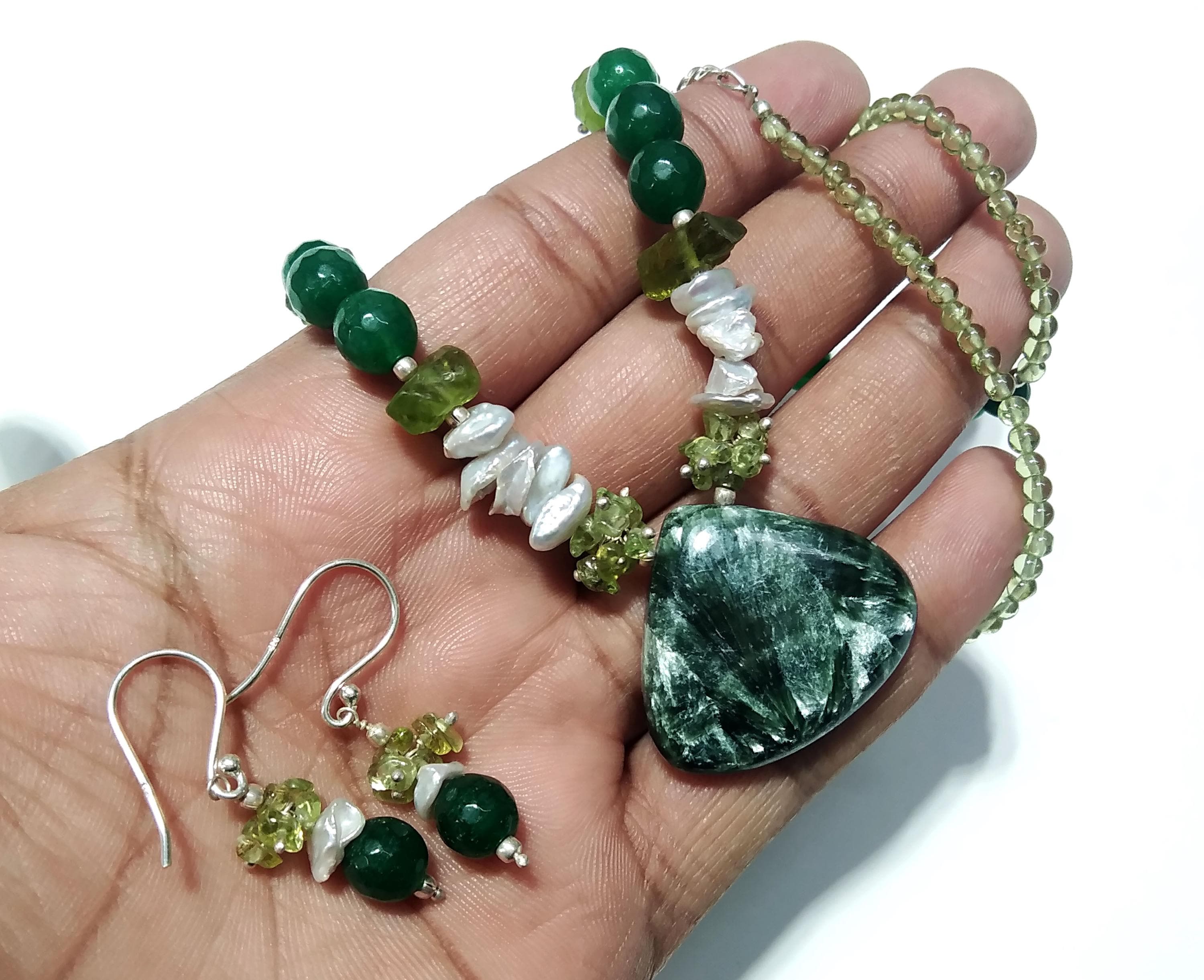 Natural Seraphinite/Peridot/Green Jade Gemstone Beads Necklace Set, Jewelry 925 Sterling Silver Necklace, Beaded Necklace Statement Jewelry