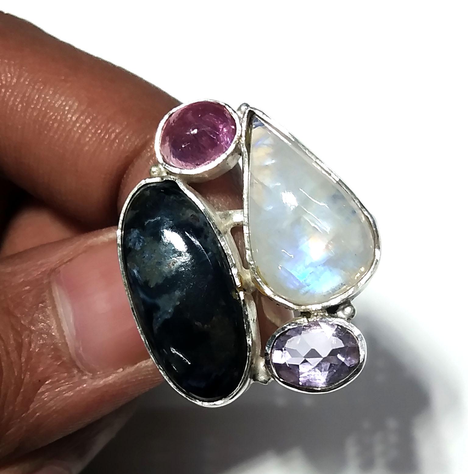Pietersite,Rainbow Moonstone,Ruby And Amethyst Multi Stone Ring, 925 Solid Sterling Silver Jewelry, Natural Gemstone Ring, Handmade Jewelry.
