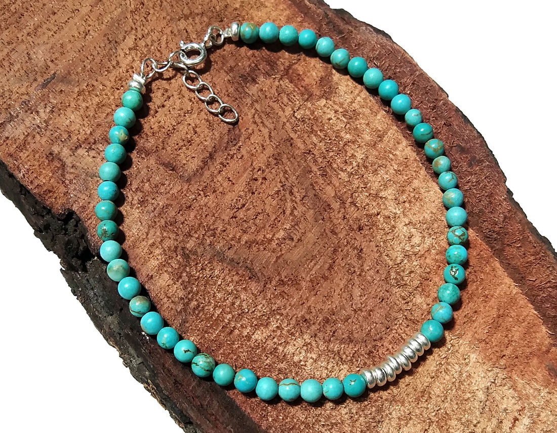Natural Turquoise Gemstone Bracelet, Solid 925 Silver Wristlet Beaded Bracelet, Healing Crystal Beaded Bracelet, Men & Women Round Bracelet
