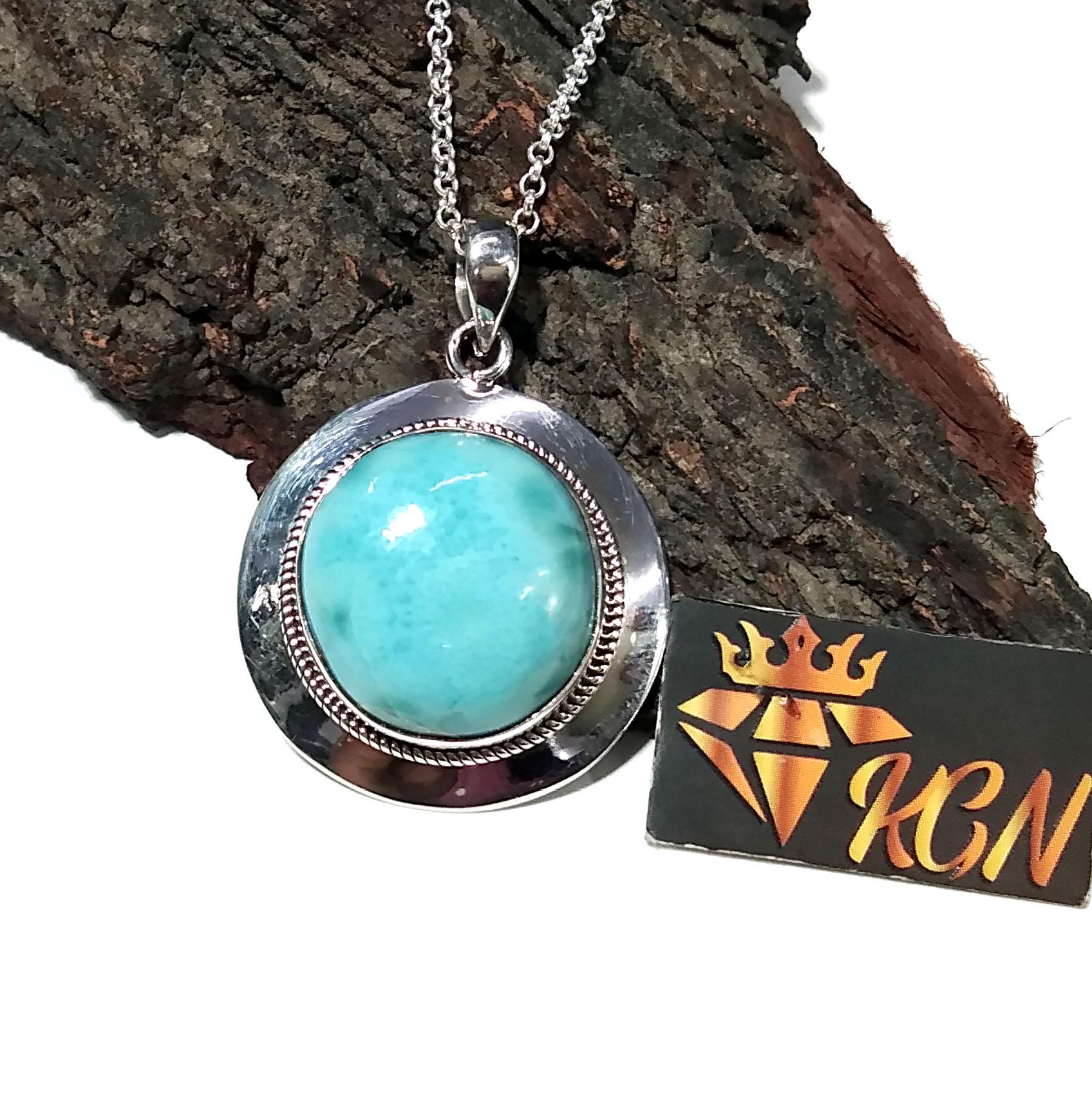 Larimar Chain Pendant Necklace, 925 Sterling Silver Pendant, Silver Designer Handmade Pendant, Marbled Round Shape Larimar Gemstone Pendant