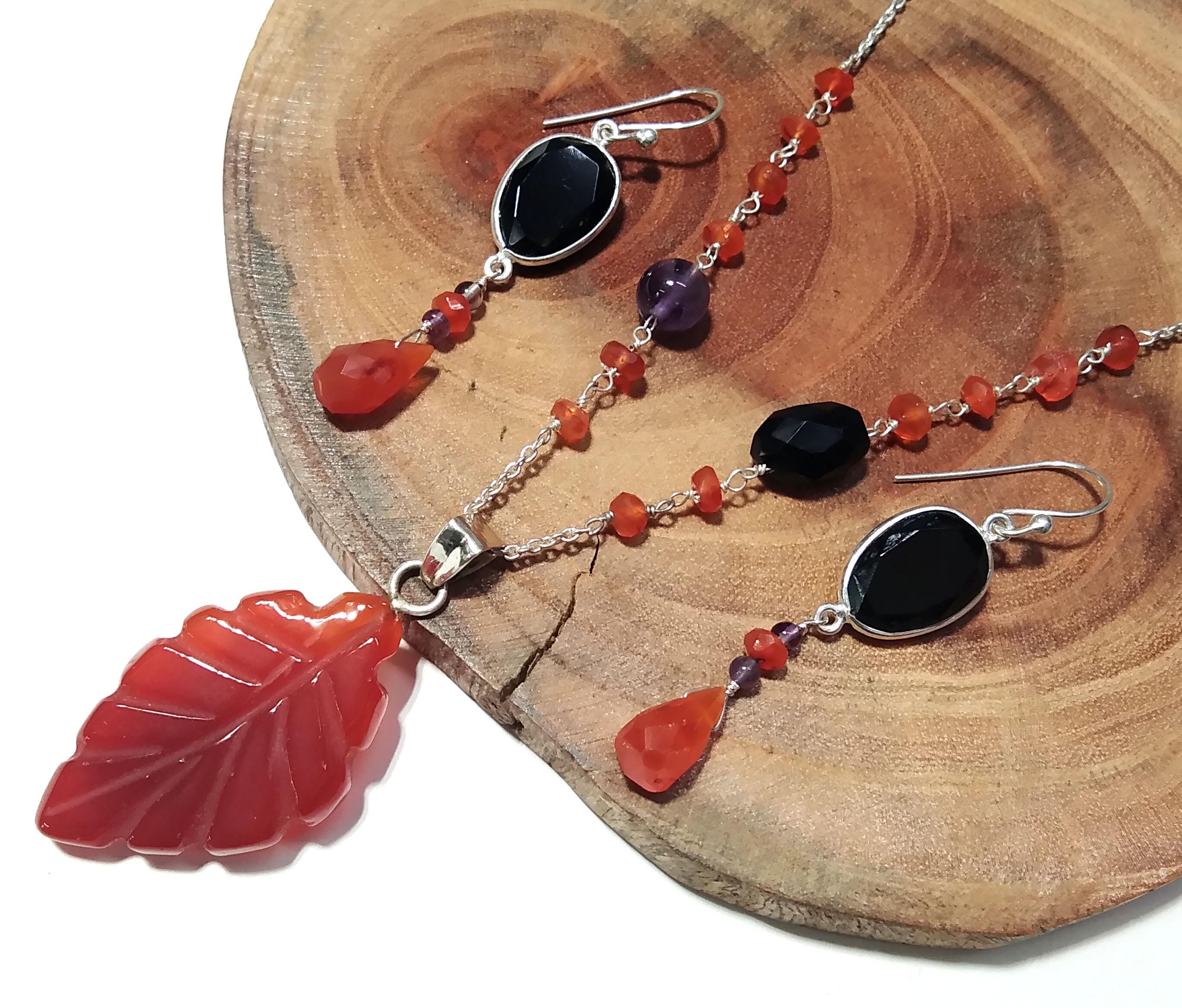 Natural Orange Carnelian/Black Onyx Gemstone Beads Necklace Set Jewelry, 925 Sterling Silver Necklace Beaded Necklace Statement for Jewelry
