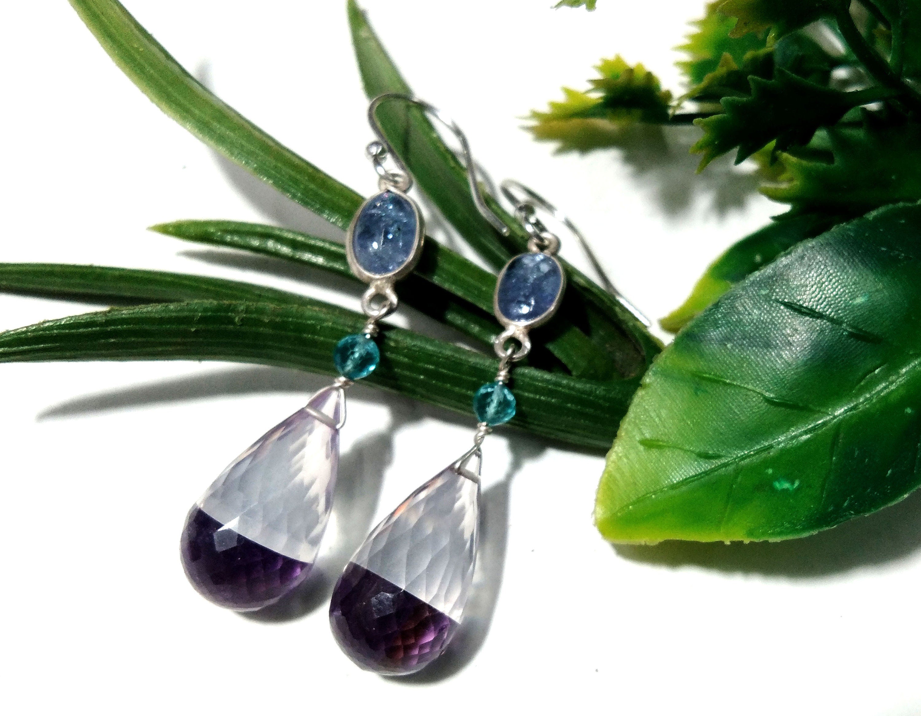 Natural Doublet Gemstone Amethyst & Tanzanite Multi Stone Earring, With 925 Sterling Silver Earring Jewelry, For Girls/Women.