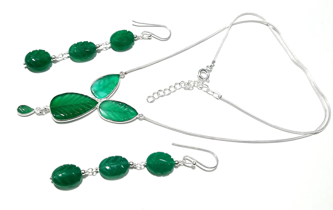 Natural Green Onyx Carved Gemstone Necklace & Earring Jewelry Set, 925 Starling Silver Necklace, Beautiful Onyx Carved Stone Gift For Her