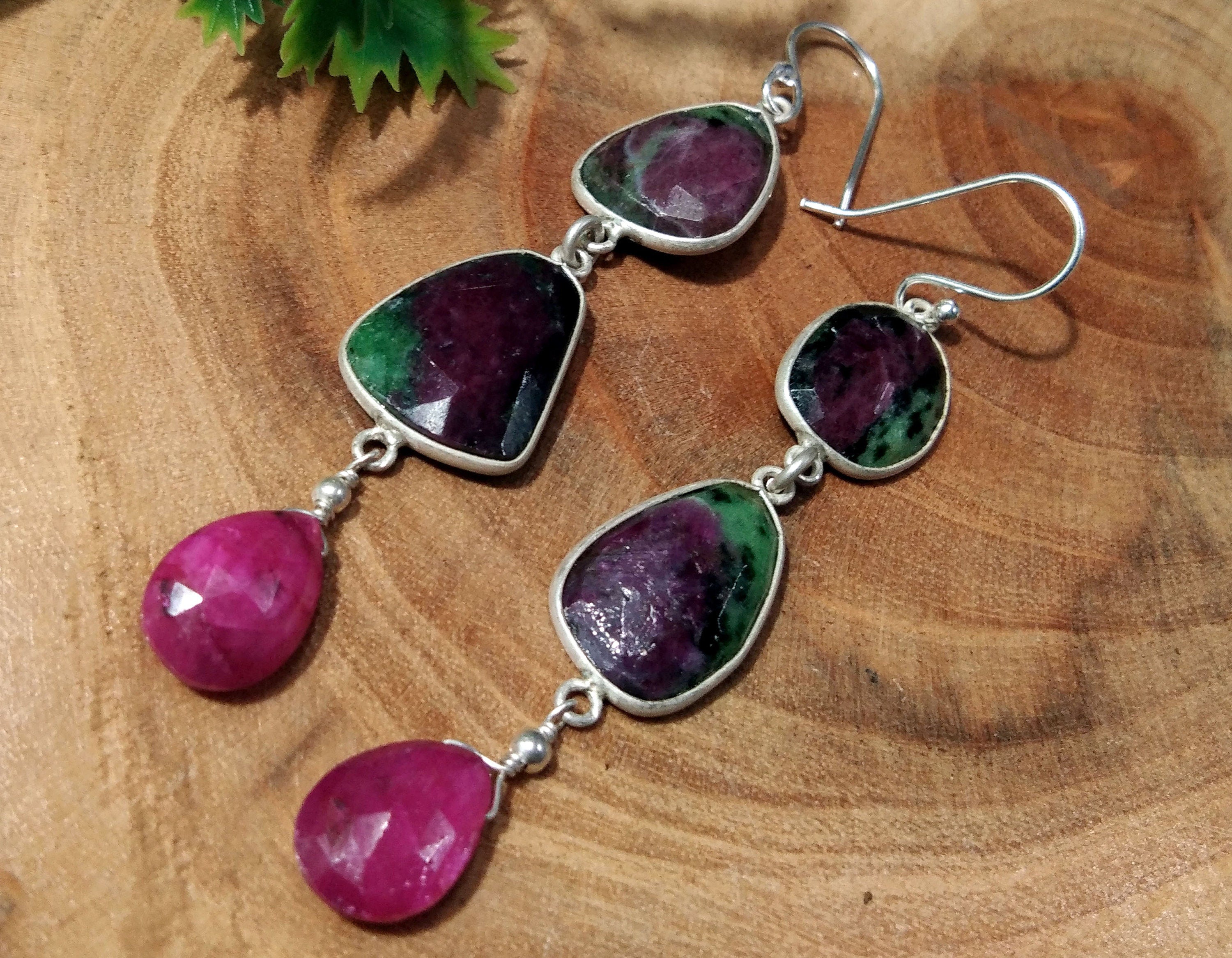 Natural Ruby Zoisite & Red Ruby Gemstone Earrings, Solid 925 Starling Silver Earrings, Ruby Zoisite Rose Cut Gemstone Handmade Gift Earrings