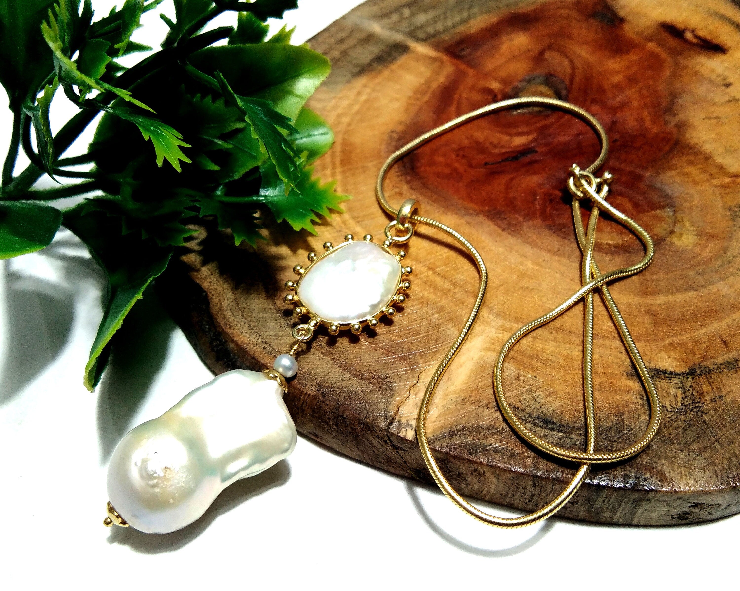 Natural Fresh Water Baroque Pearl Gemstone Chain Necklace Pendant, 925 Starling Silver Gold Plated Chain Necklace 18''Inche Gift Necklace