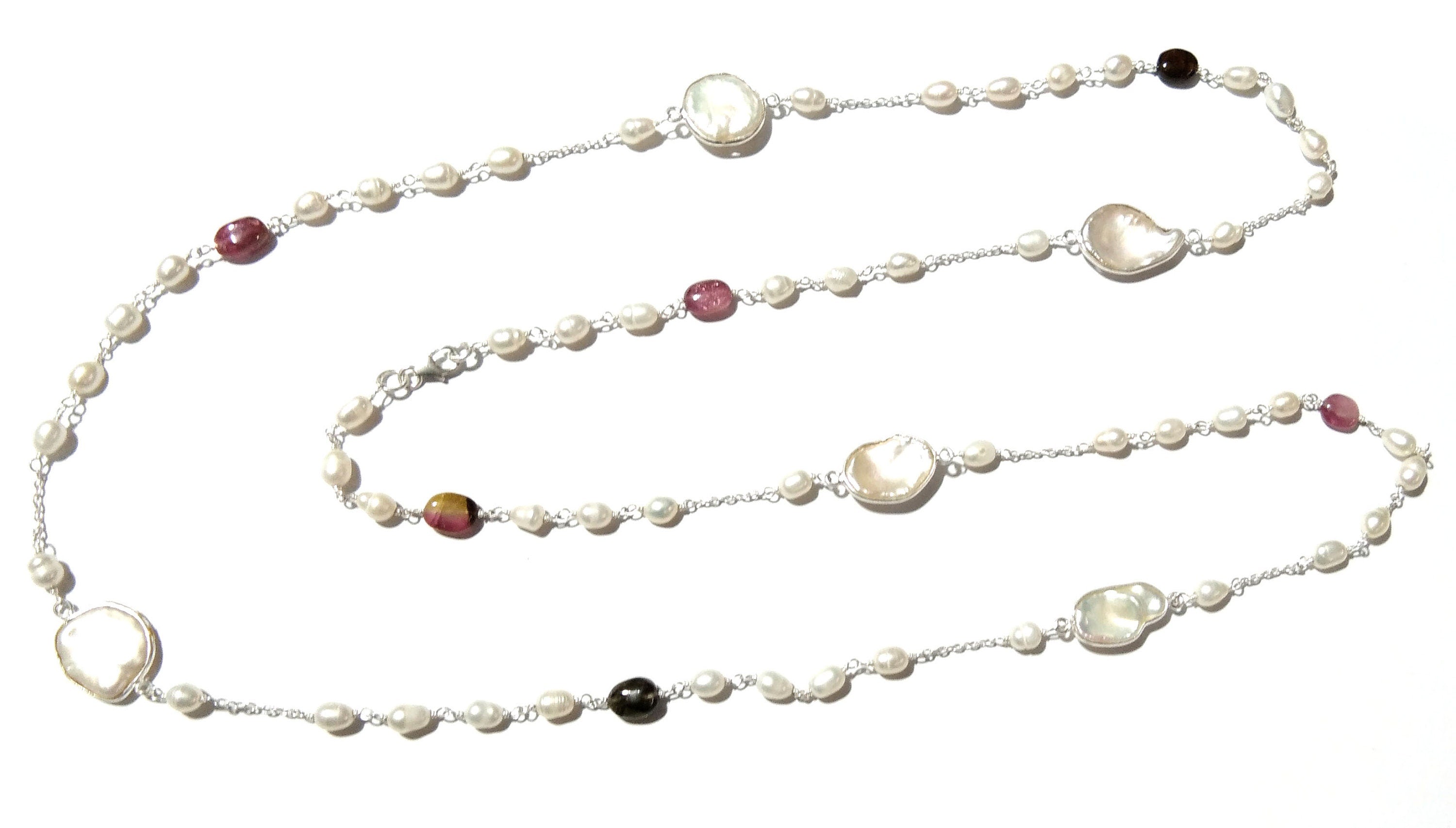 Log Chain Necklace ! Natural Pearl & Tourmaline Beaded Necklace, 925 Starling Silver Log Necklace, 36''Inches Length.
