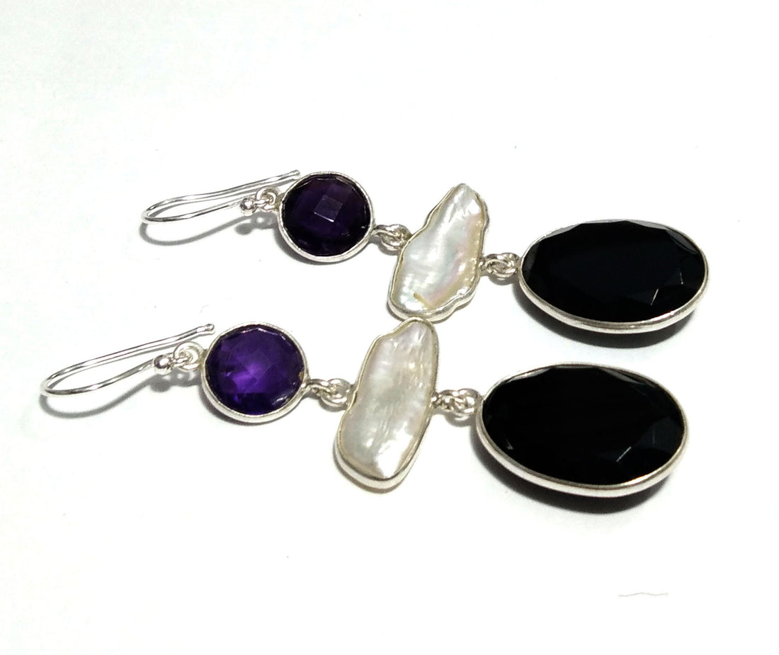 Natural Fresh Water Baroque Pearl/Black Onyx/Amethyst Drop Earring, 925 Solid Starling Silver Earring, White Pearl Gemstone Gift Earring
