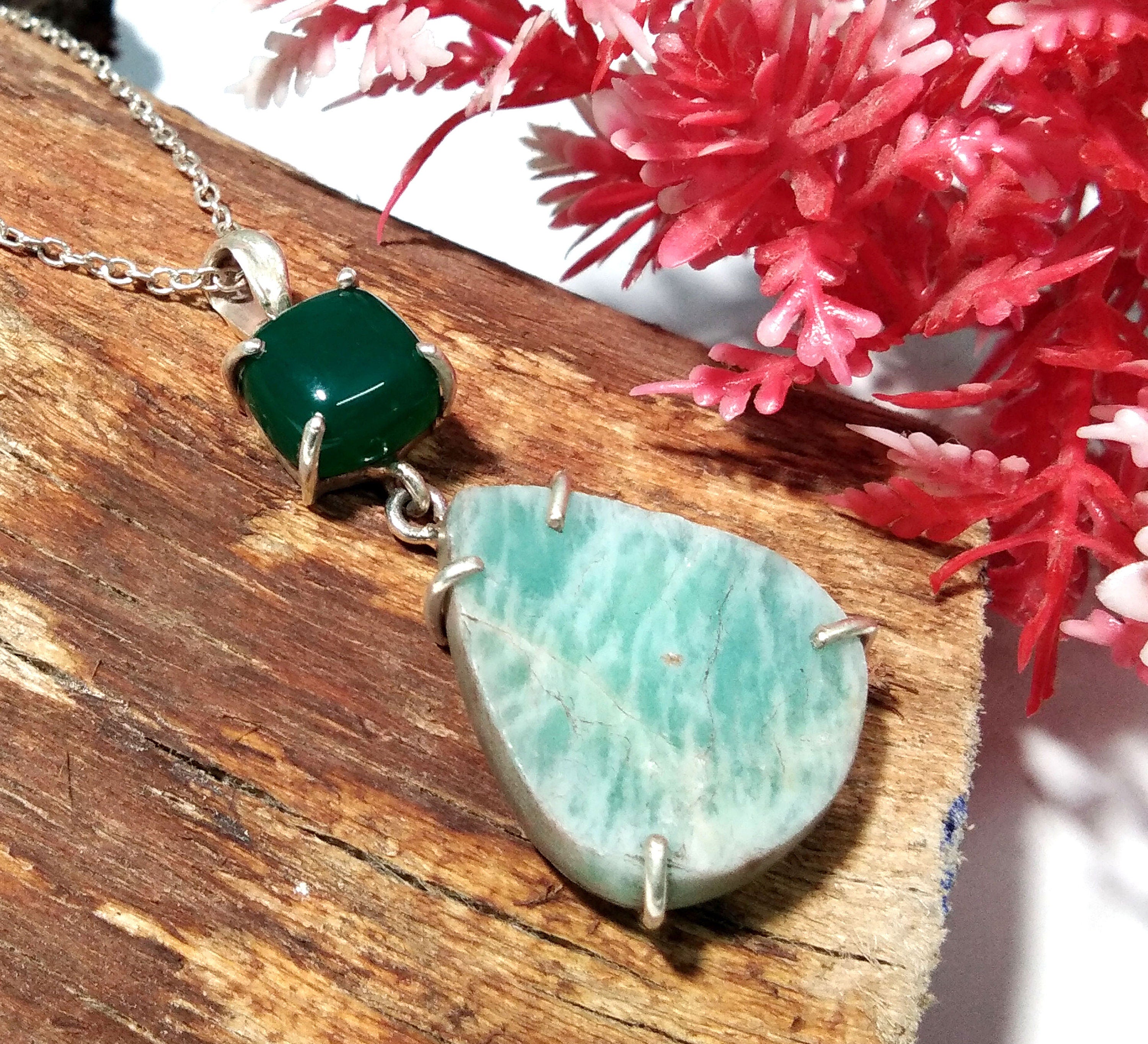 Natural Druzy Amazonite/Green Onyx Gemstone Chain Pendant Necklace, 925 Starling Silver Pendant Handmade Jewelry For Gift Wedding Pendant