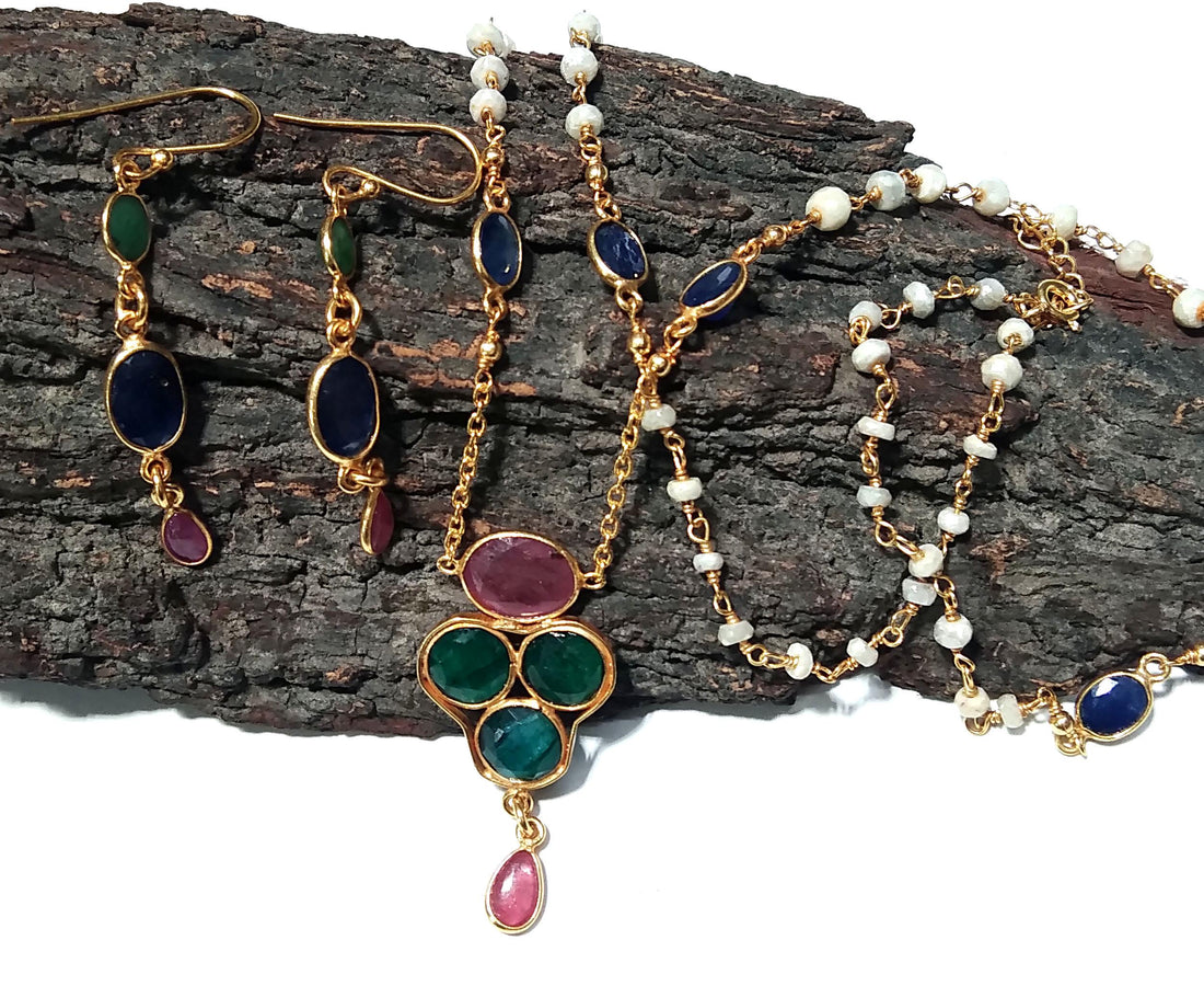 Natural Emerald/Red Ruby/Tanzanite Gemstone Necklace Earring Jewelry Set, 925 Sterling Silver With Gold Plated Necklace Beads Necklace Set