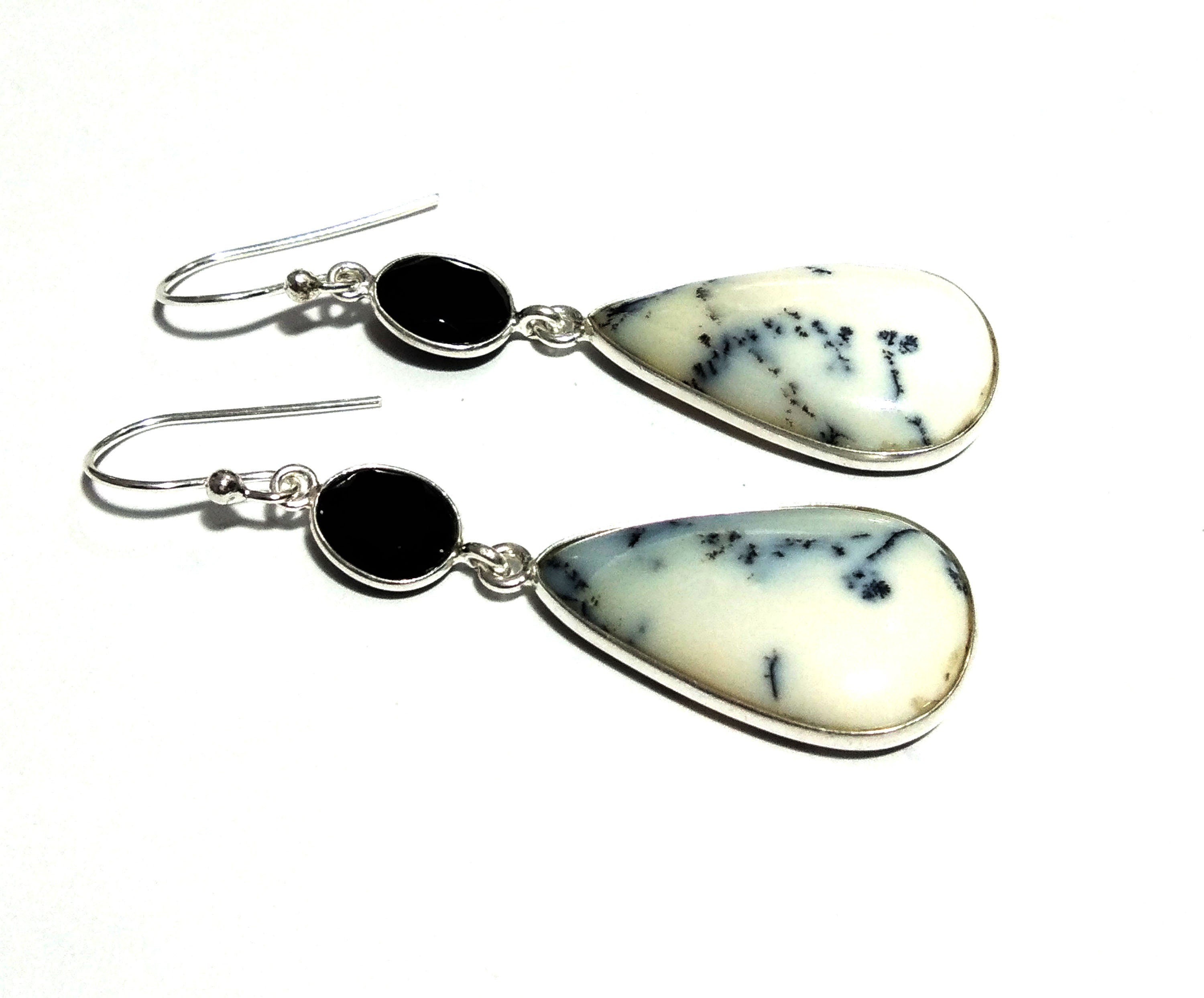 Natural Dendrite Opal/Black Onyx Gemstone Earring, 925 Solid Starling Silver Earring, Opal Stone Size 27x16 mm Gift Dangle Earring Jewelry