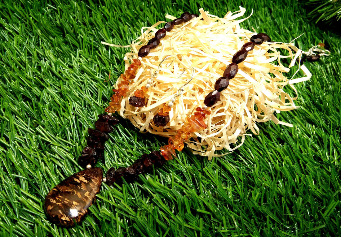 Natural Bronzite/Red Garnet Raw Gemstone Bead Necklace Set, 925 Sterling Silver Jewelry, Necklace/Earring Beaded Set's For Gift Jewelry