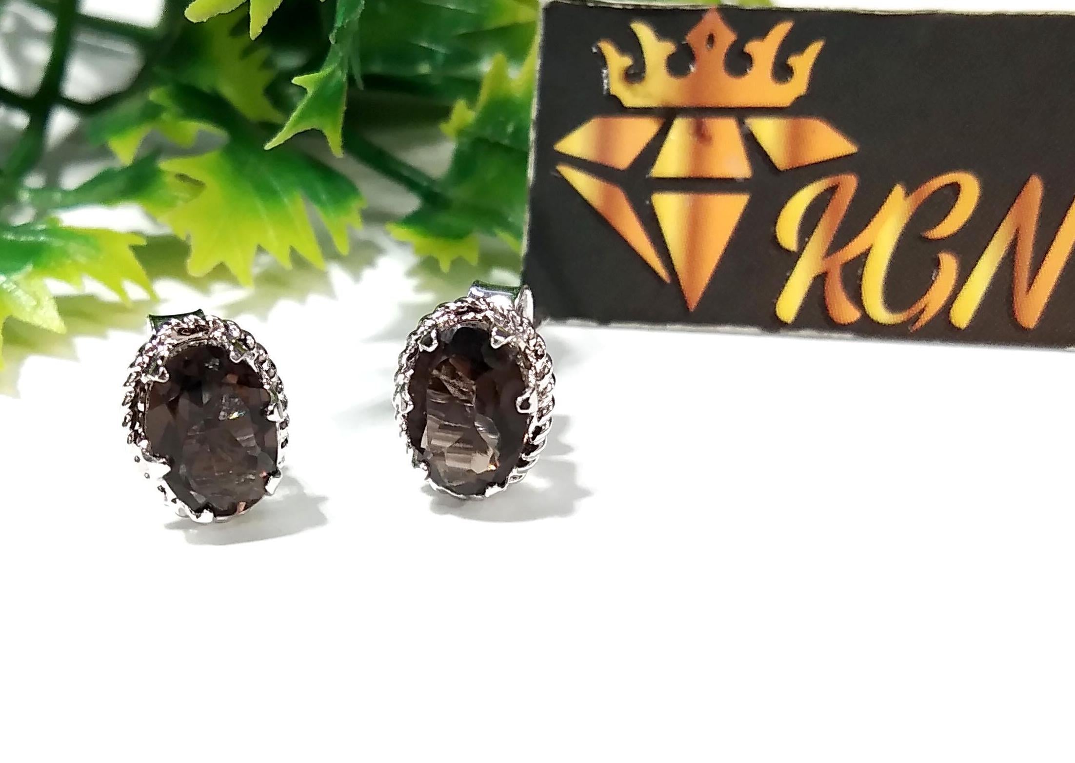 Natural Smoky Quartz Stud Earrings, 925 Starling Silver Earring Jewelry, Smoky Quartz Gemstone Oval Shape Stone Size 7x5 mm Gift For women.