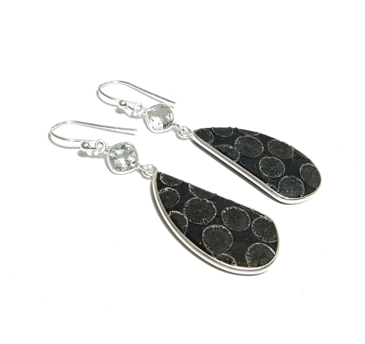 Natural Black Fossil Coral, Zircon Earring, 925 Solid Starling Silver Earring, Fossil Coral Stone Size 31x15 mm For Gift Birthday Earring