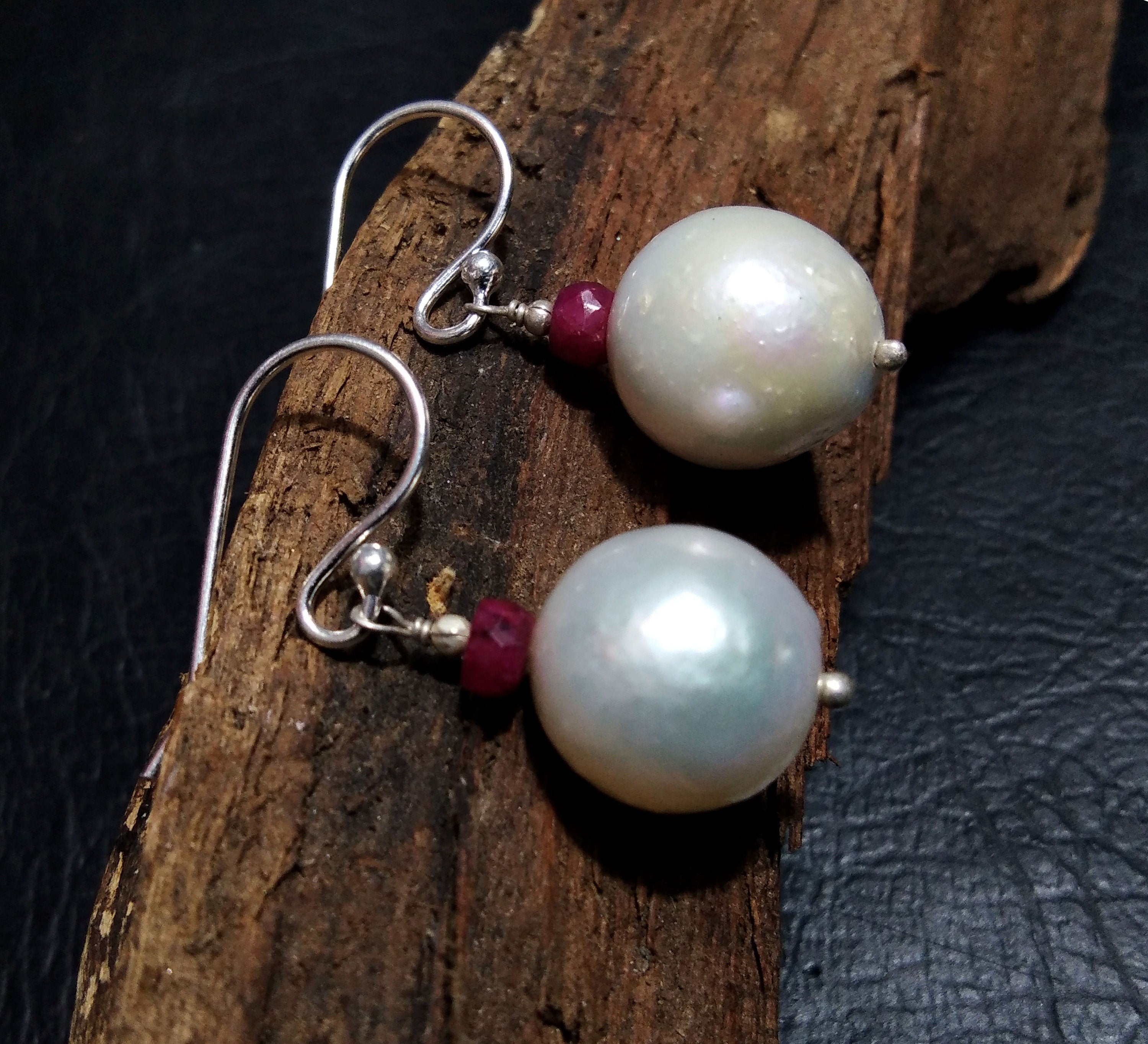 Natural South Sea Pearl Earring, Pearl & Red Ruby Earring, 925 Silver Earring, Round Shape Pearl Beautiful Earring, Girls/Women Gift Jewelry
