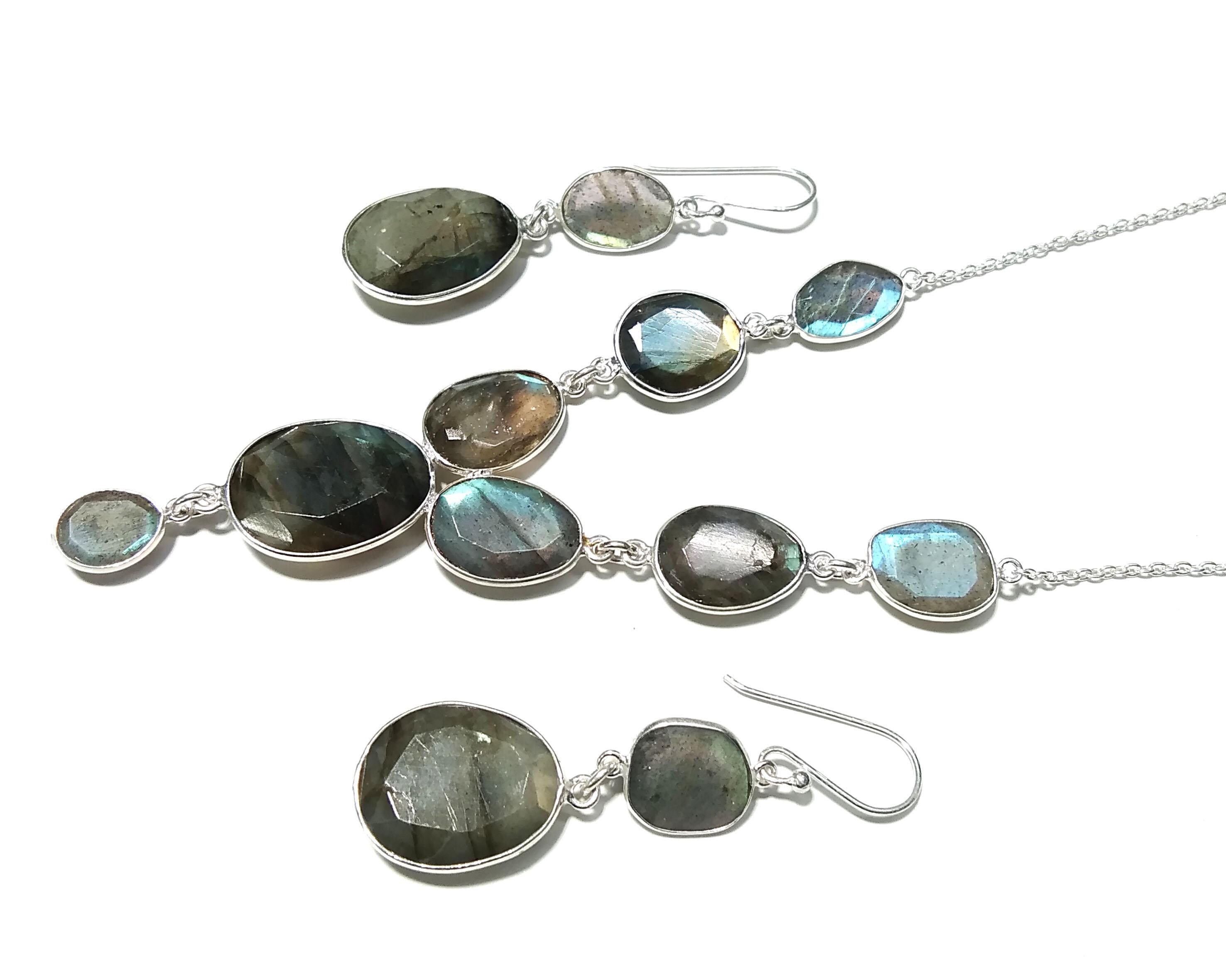 Natural Labradorite Multi Fire Gemstone Necklace Earring Jewelry Set, 925 Sterling Silver Necklace Earring, Handmade Jewelry Gift For Women