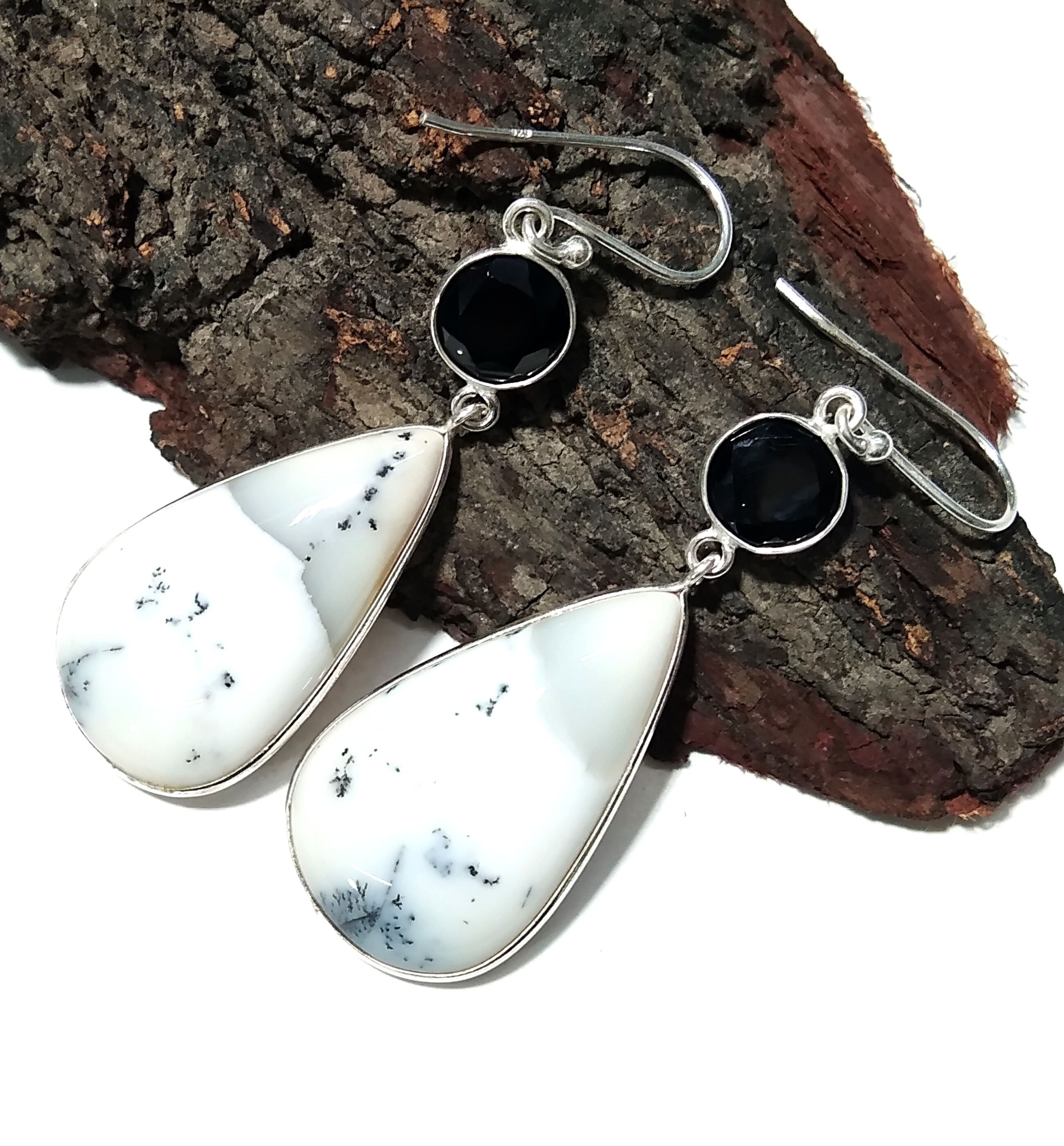 Natural Dendrite Opal,Black Spinel Gemstone Earring, 925 Solid Starling Silver Earring, Opal Stone Size 29x17 mm Gift Dangle Earring Jewelry