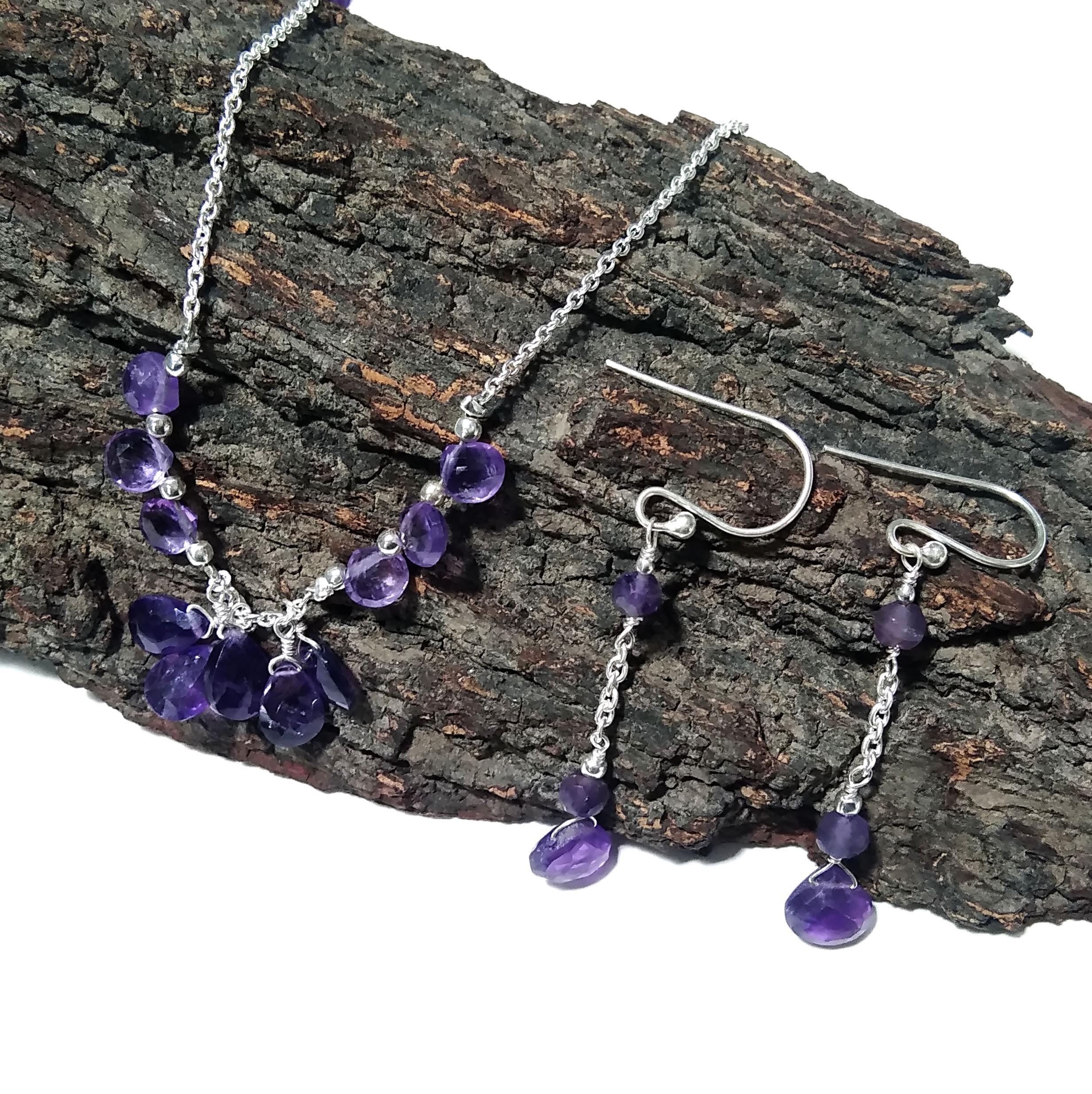 Natural Amethyst Gemstone Earrings And Necklace Jewellery Set, 925 Solid Sterling Silver Necklace, Beautiful Amethyst Stone Gift For Her