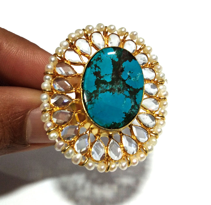 Natural Turquoise,Fresh Water Baroque Pearl,Zircon Stone Ring, 925 Solid Starling Silver Gold Plated Ring, Stone Size 24x17mm Handmade Ring