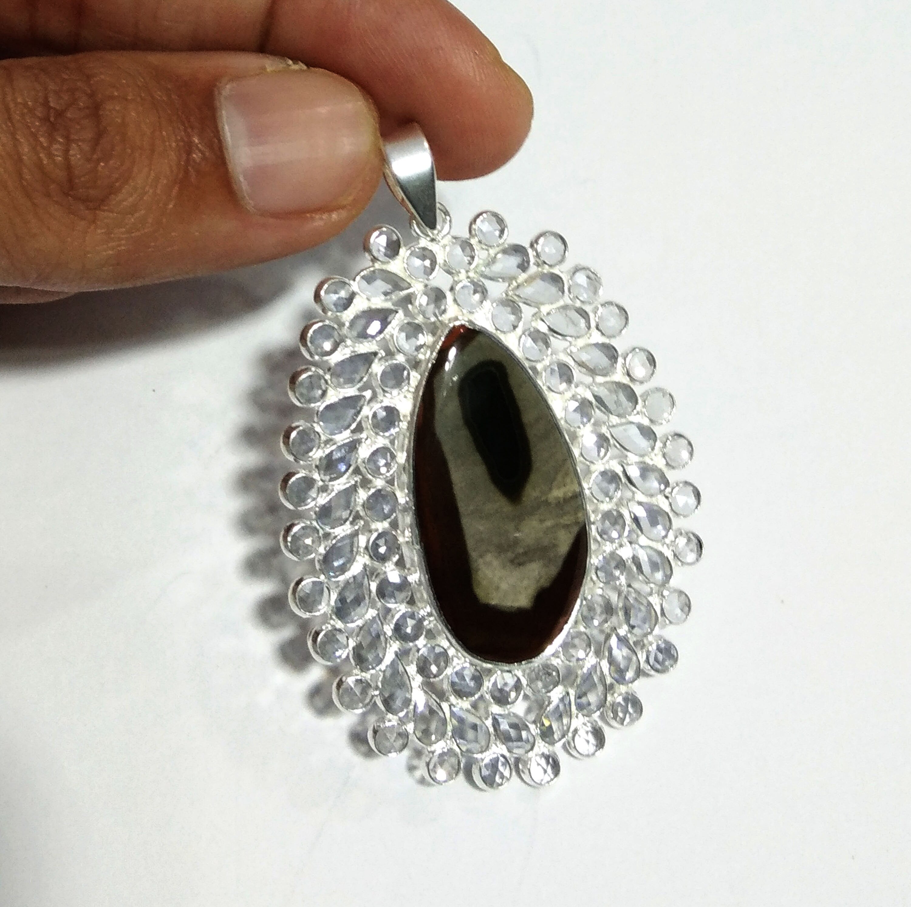 Natural Imperial Jasper, White Zircon Stone Pendant, Solid 925 Starling Silver Pendant Stone Size 31x16 mm Gift For Women Pendant Jewelry