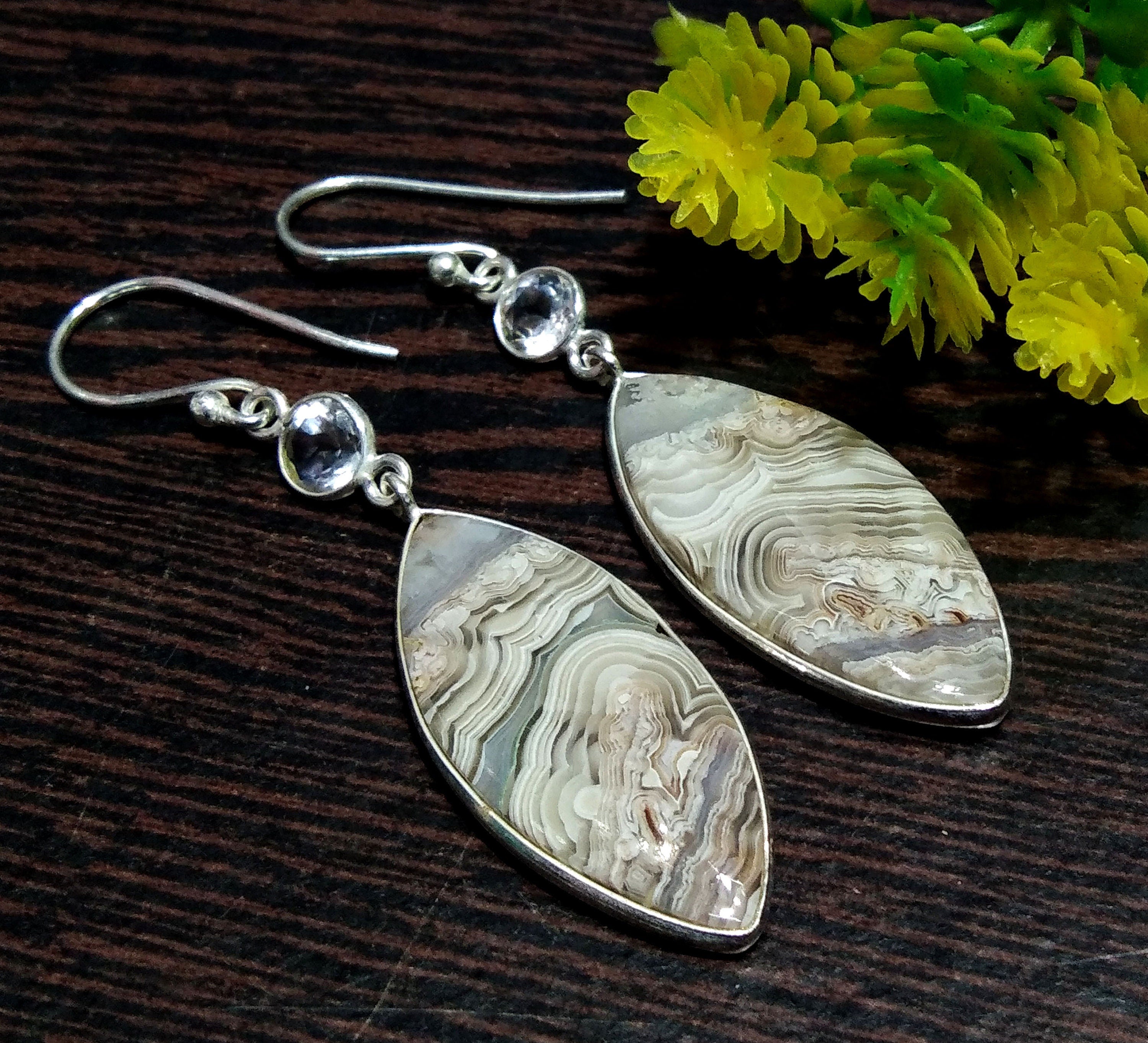 Natural Crazy Lace Jasper Earring Gemstone, 925 Solid Starling Silver Earring Jewelry Marquise Shape Stone Size 29x12 mm For Gift Earring