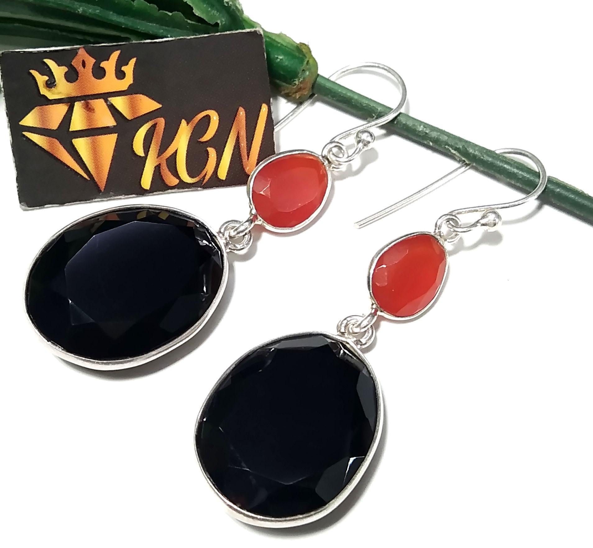 Natural Black Onyx/Carnelian Faceted Stone Earring, 925 Solid Starling Silver Earring, Beautiful Black Onyx Stone Size 19x15 mm Gift Earring