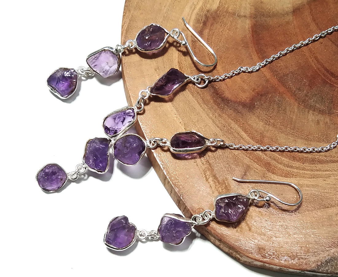Natural Amethyst Rough Earrings And Necklace Jewellery Set, 925 Solid Sterling Silver Necklace Amazing Quality Amethyst Gift For Girls/Women