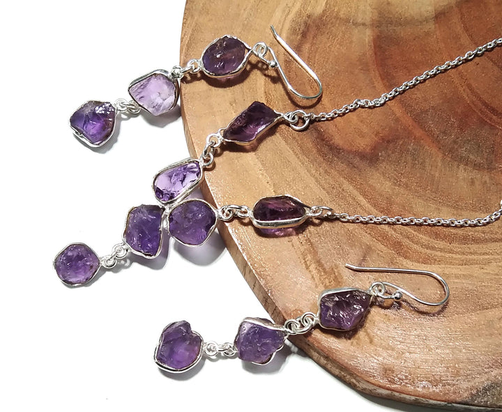 Natural Amethyst Rough Earrings And Necklace Jewellery Set, 925 Solid Sterling Silver Necklace Amazing Quality Amethyst Gift For Girls/Women