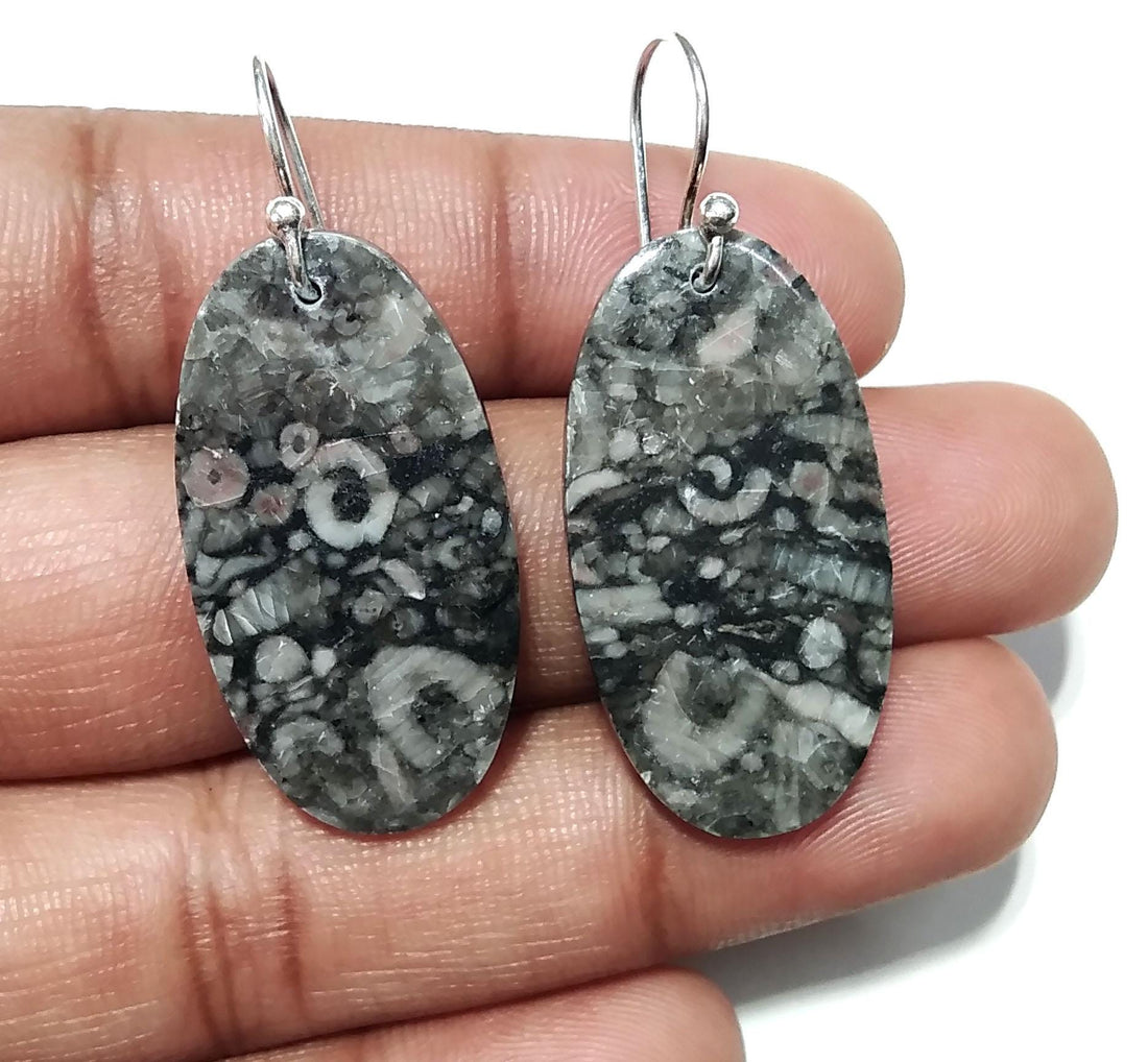 Natural Crinoid Fossil Gemstone Earring, 925 Sterling Silver Earring, Very Beautiful Crinoid Fossil Stone Earring, For Girls & Women Earring