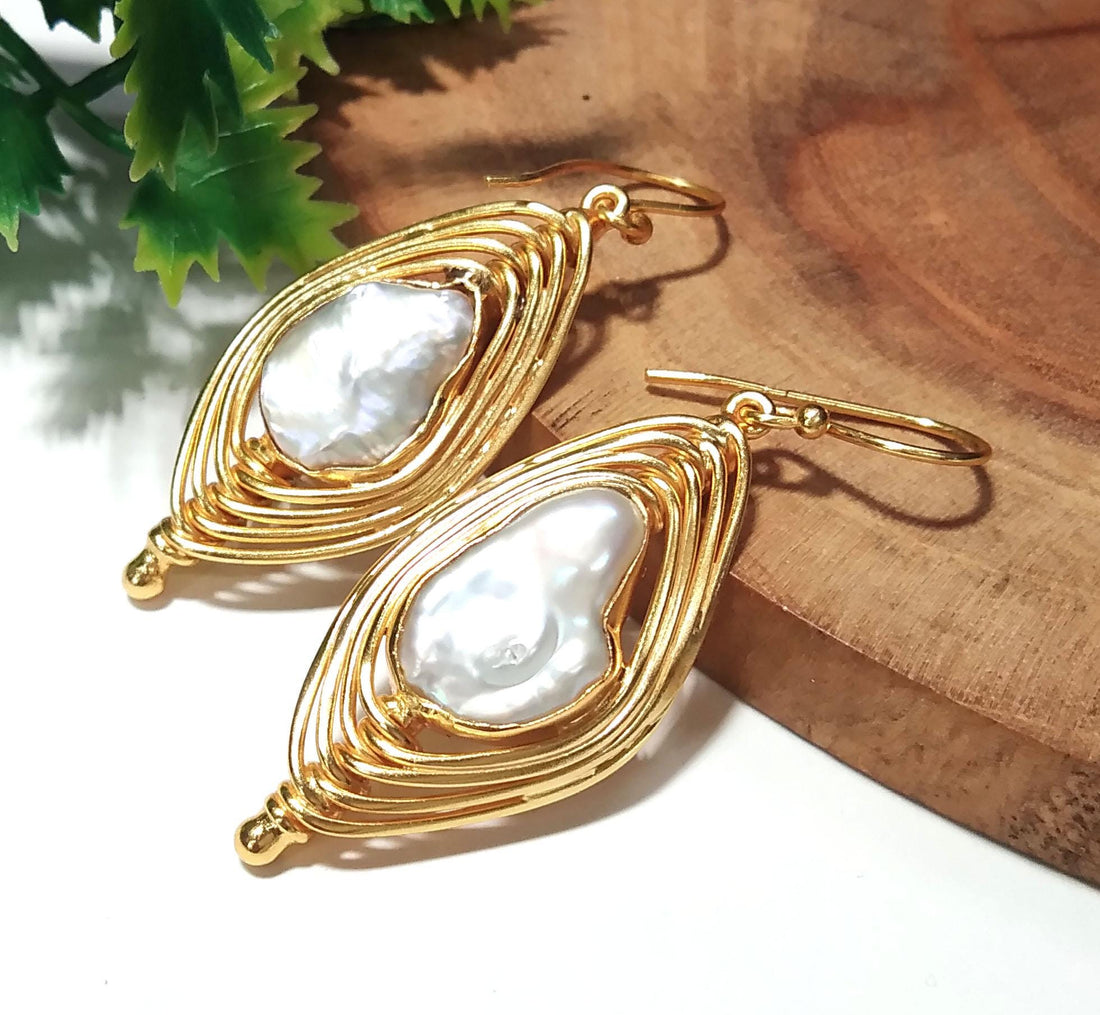 Real Fresh Water Baroque Pearl Earrings, 925 Sterling Silver Gold Plated Earring, Beautiful Pearl Size 15x11mm For Her Gift Birthday Earring