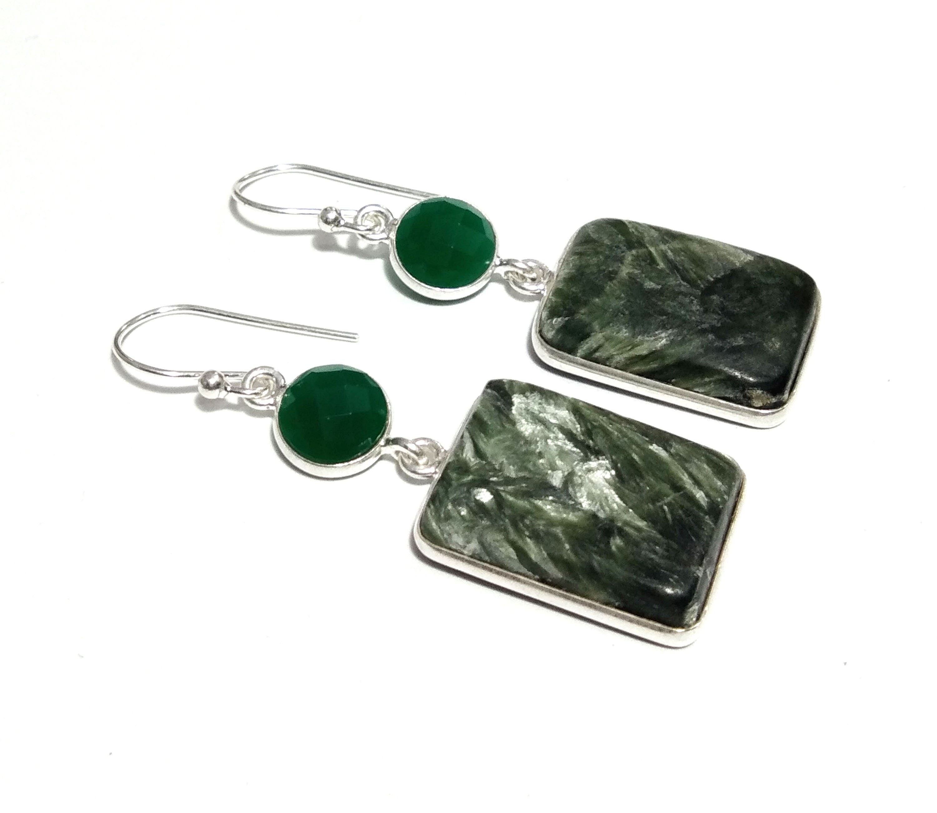 Natural Seraphinite/Onyx Earring, 925 Solid Starling Silver Earring, Seraphinite Stone Size 20x15 mm Gift Birthday Earring, Boho Jewelry