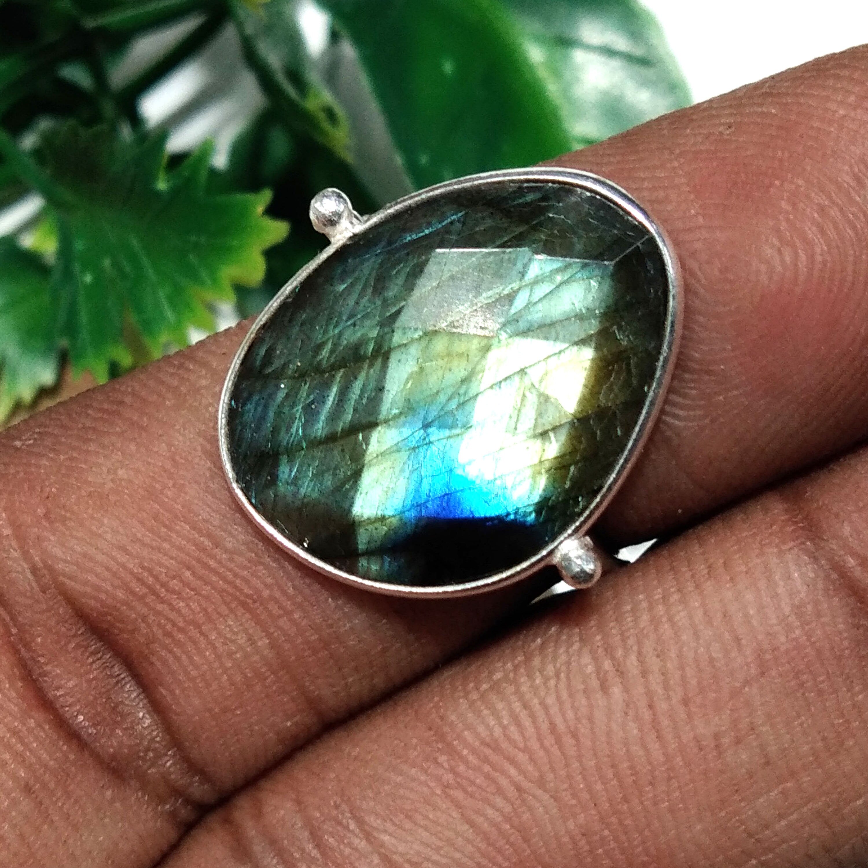 Natural Labradorite Checker Cut Stone Ring, 925 Starling Silver Ring, Stone Size 20x15 mm Green Fire Labradorite Ring, Gift Birthday Ring
