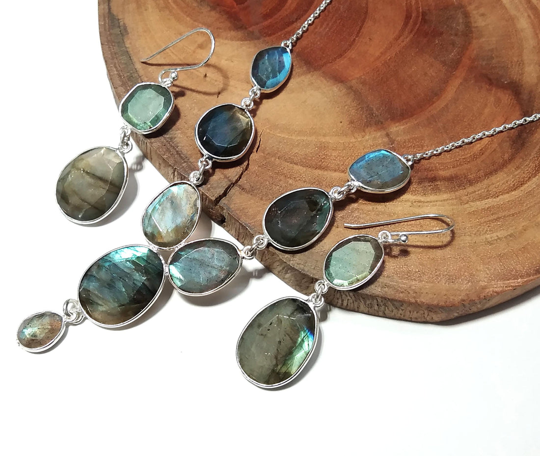 Natural Labradorite Multi Fire Gemstone Necklace Earring Jewelry Set, 925 Sterling Silver Necklace Earring, Handmade Jewelry Gift For Women