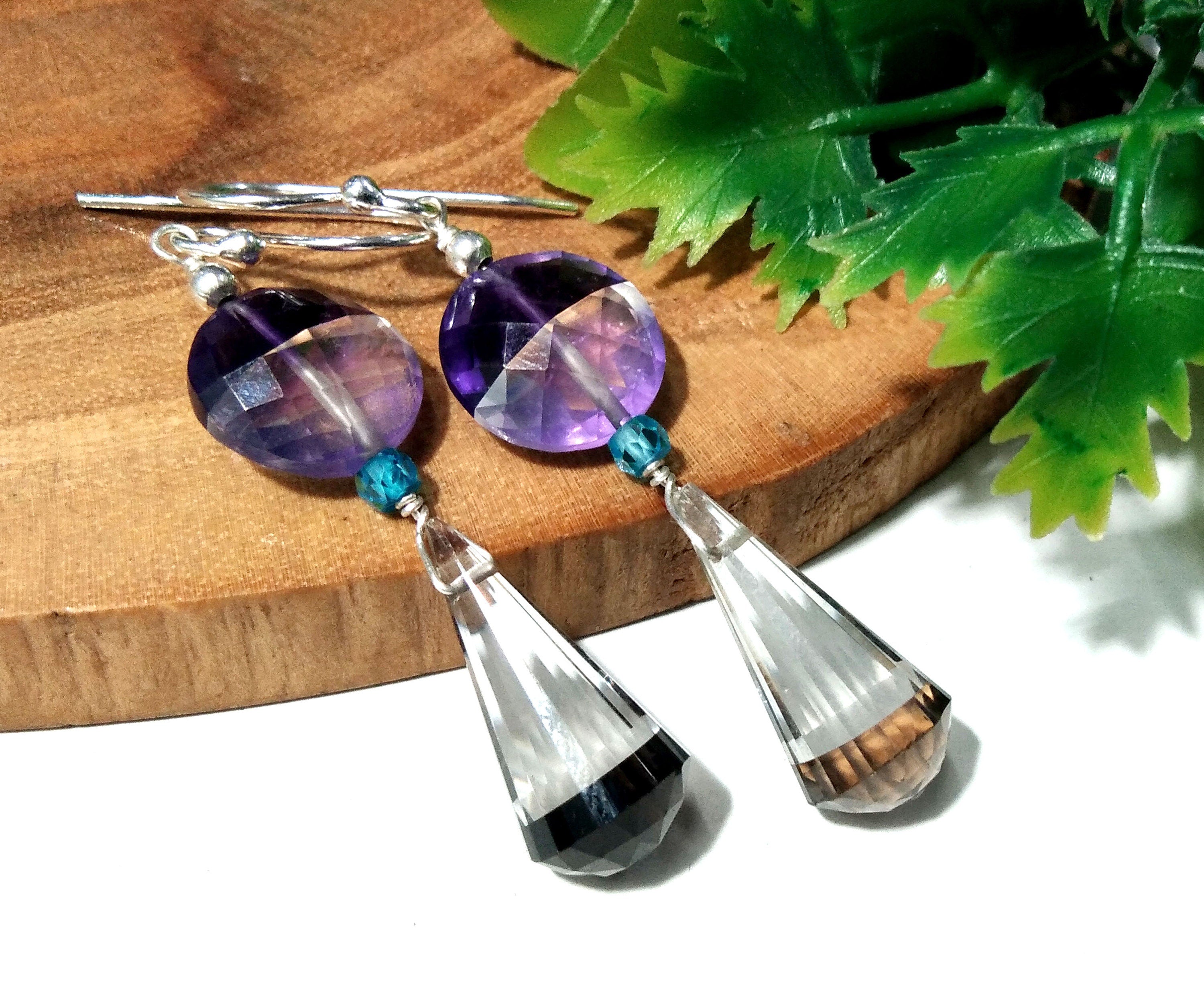 Natural Color Doublet Gemstone Amethyst, Crystal & Smoky Quartz Multi Stone Earrings, With 925 Silver Jewelry For Gifts Girls/Women